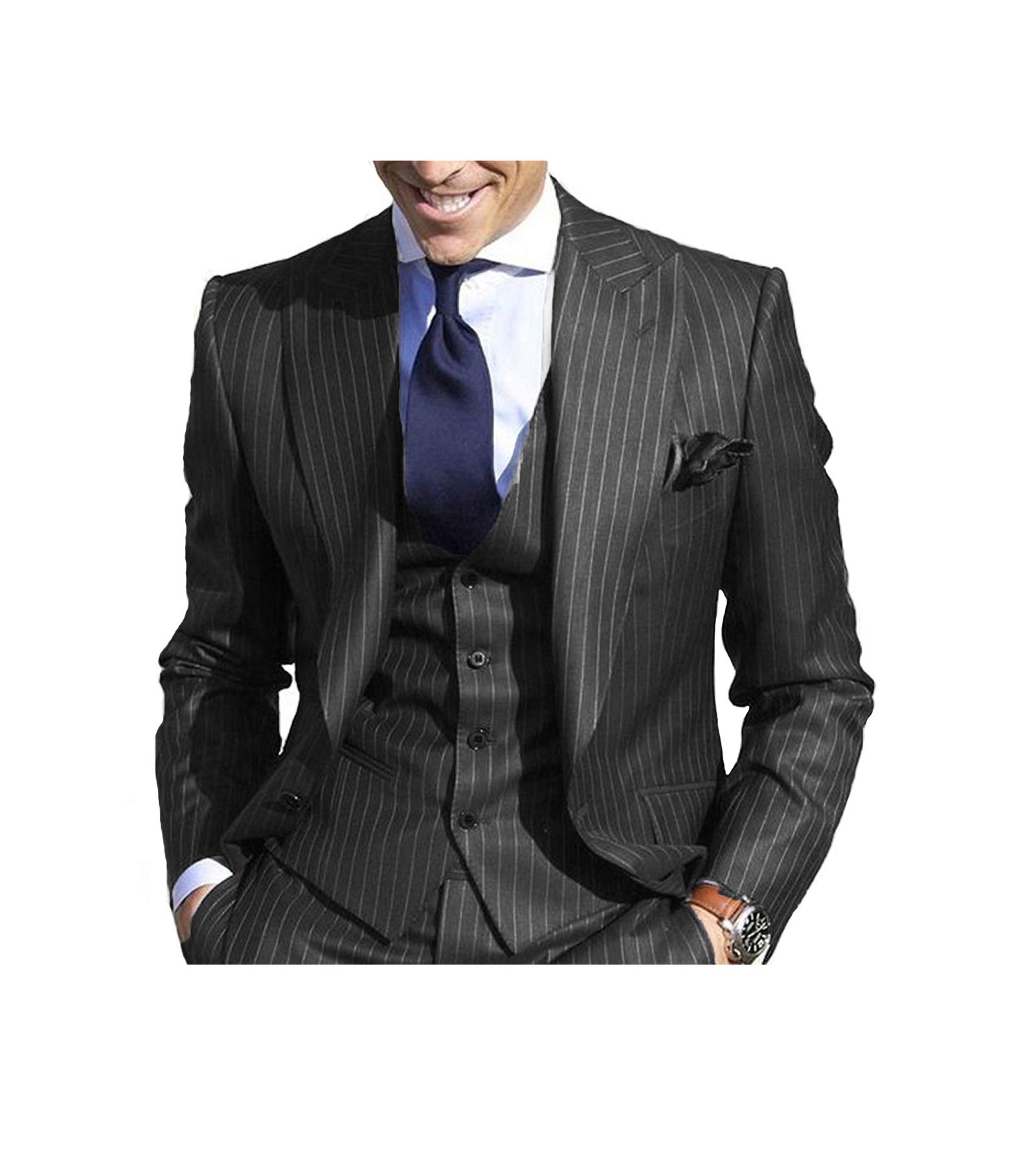 Men's Slim Fit Pinstripe Suit Set with Peaked Lapel Jacket & Vest - Formal Business Attire for Weddings, Interviews & Office Wear