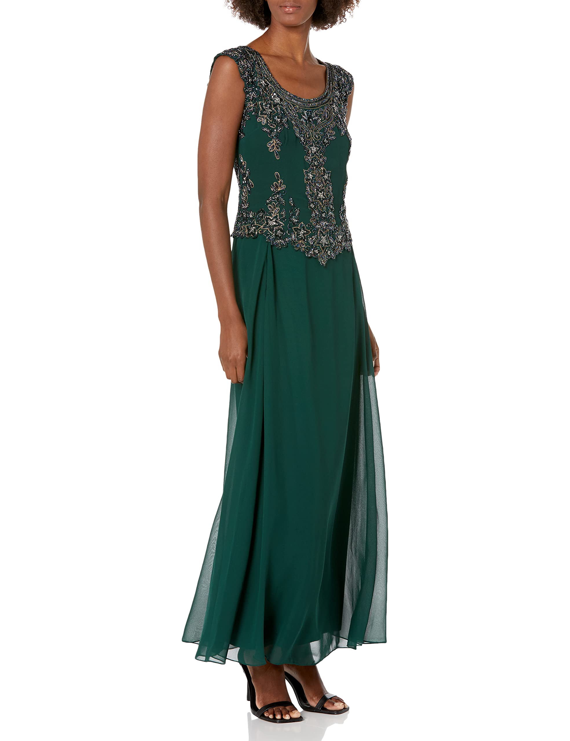 J Kara Women's Elegant Cap Sleeve Long Beaded Dress for Evening Party, Wedding Guest, Cocktail & Special Occasions
