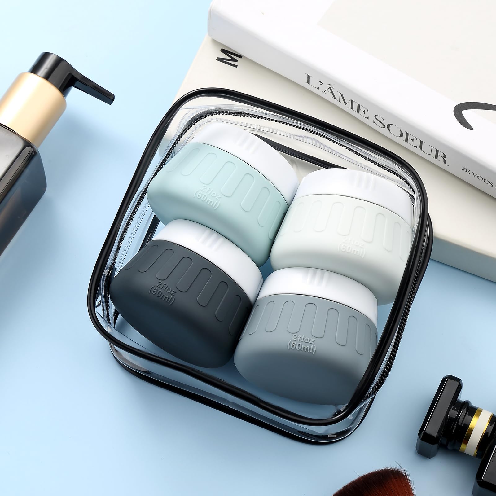 Gemice 2 oz Travel Containers for Toiletries - 4-Pack TSA Approved Leak-Proof Silicone Jars for Shampoo, Lotion & Cleanser | Perfect for Air Travel, Gym Bag & On-the-Go Essentials