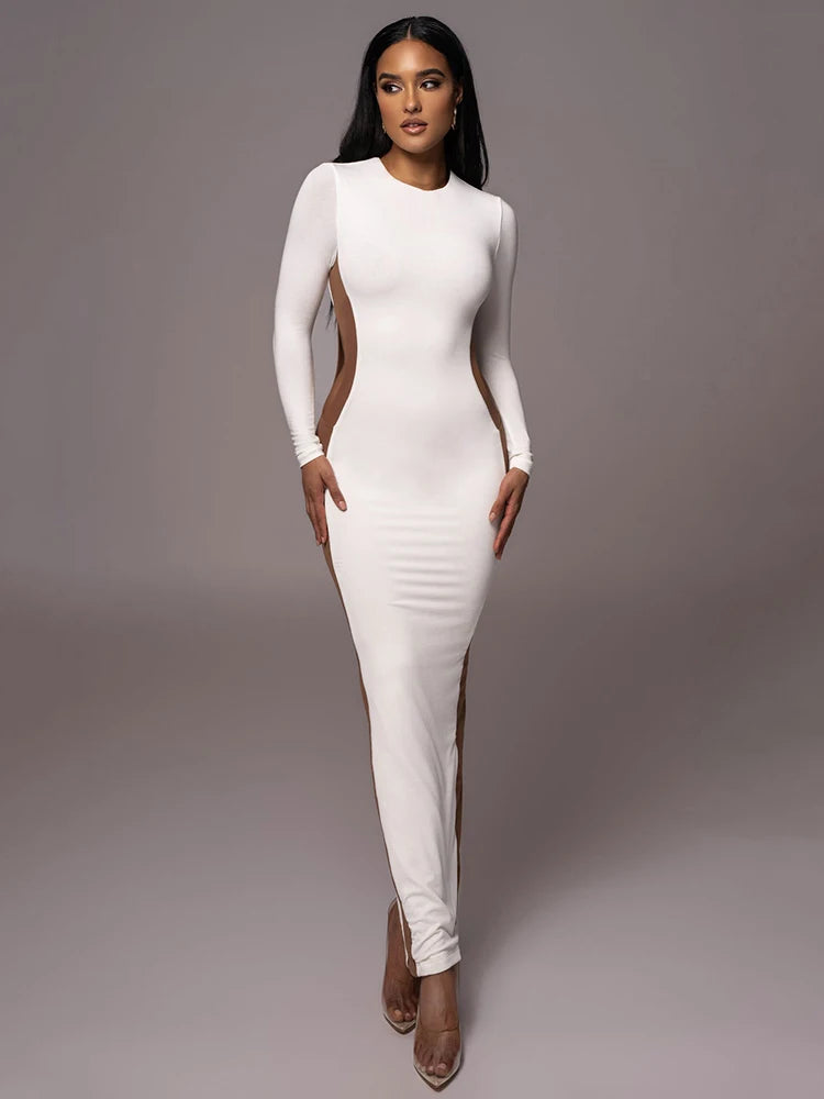 Women's Autumn/Winter Long Sleeve Hollow Out Split Bodycon Dress - Stretchy Tight Maxi Dress for Party, Club & Evening Wear | Elegant Night Out & Special Occasion Outfit