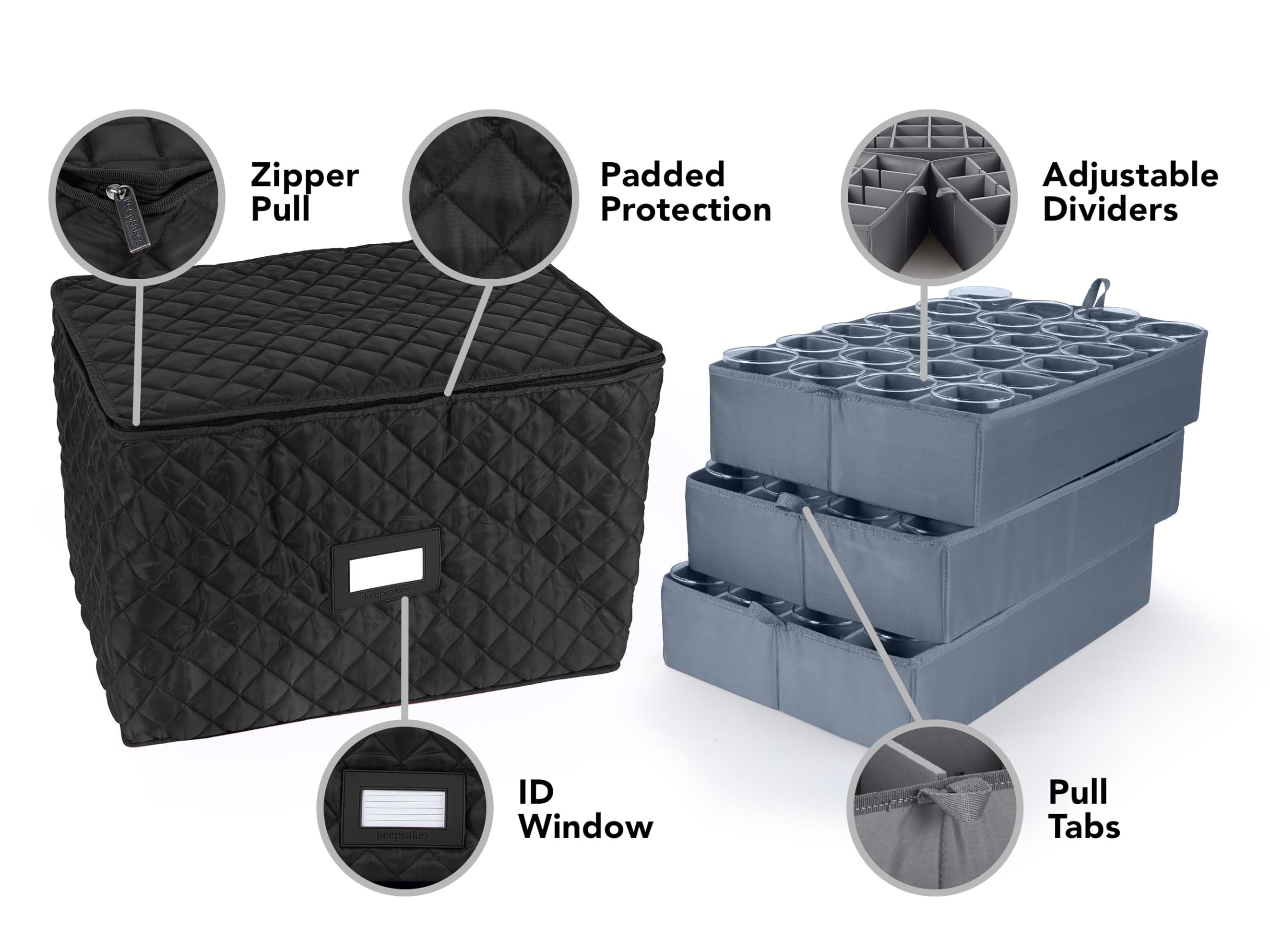 Covermates Keepsakes Adjustable Glassware Storage Organizer - Padded Protection with ID Window - Stain Resistant & Machine Washable - Perfect for China, Stemware, and Collectibles Storage (Black) - Ideal for Kitchen, Dining Room, and Display Cabinets