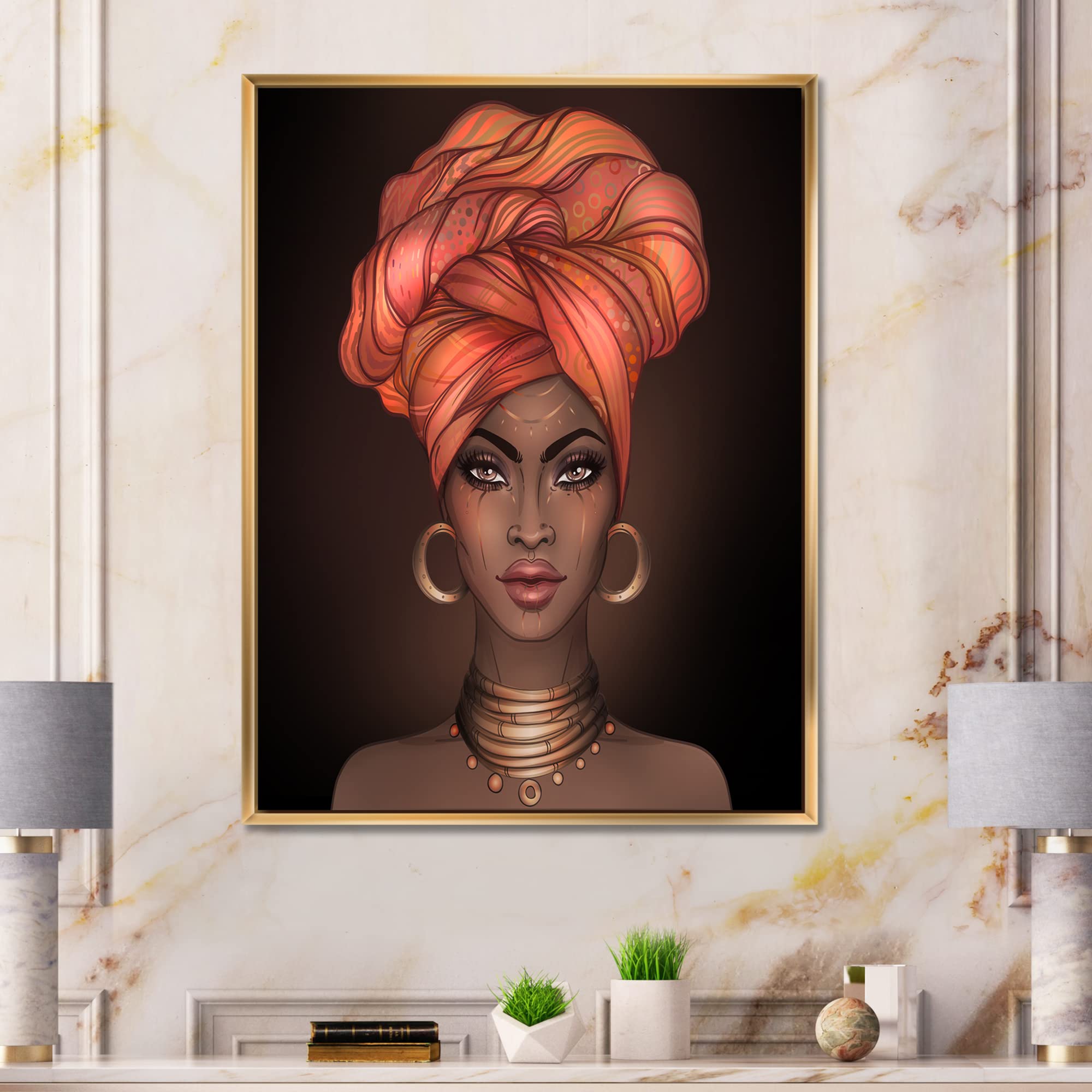 African American Woman with Turban - Modern Framed Canvas Wall Art Print for Living Room, Bedroom & Office Decor