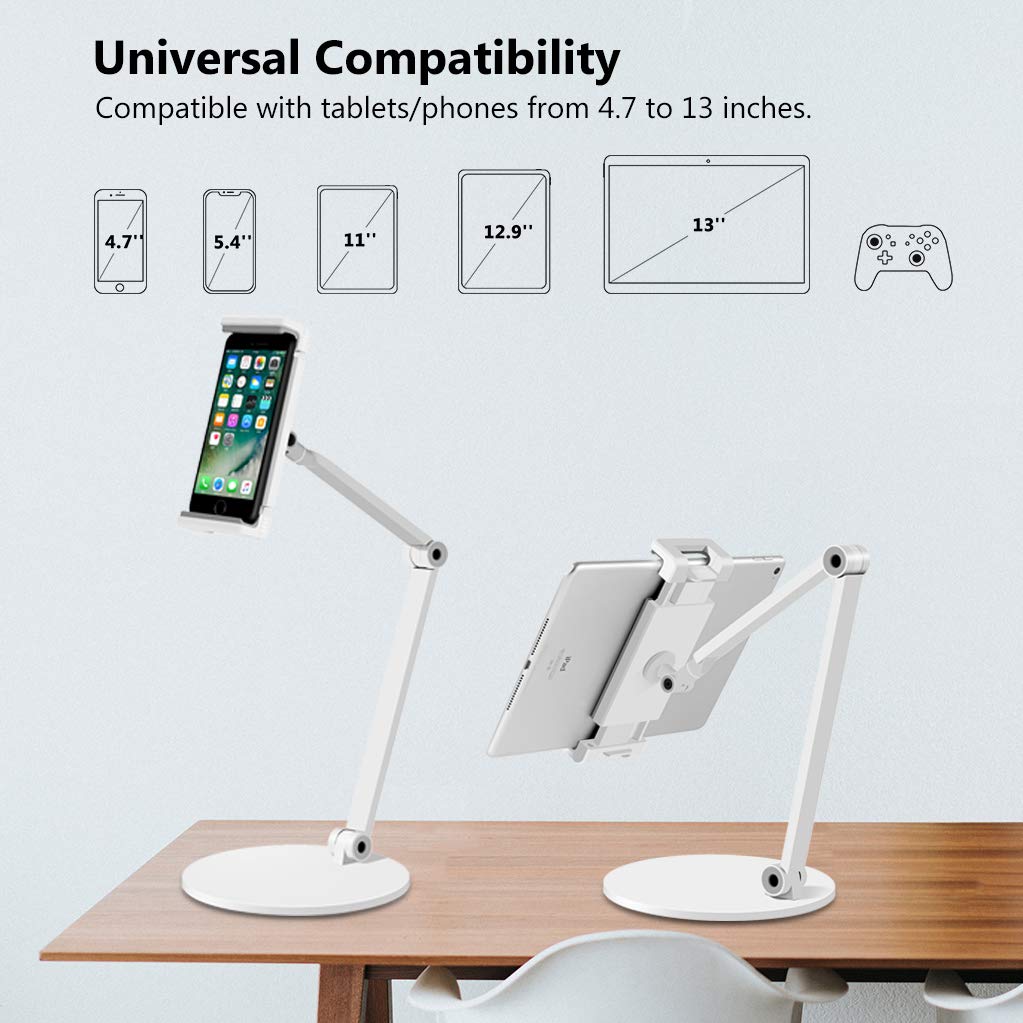 Multi-Angle Adjustable Tablet Stand Holder for iPad Pro 12.9/11, iPad Air/Mini, Microsoft Surface Pro (4.7''-13'') - Portable Desktop & Bedside Stand for Work, Study, Watching Movies (White)