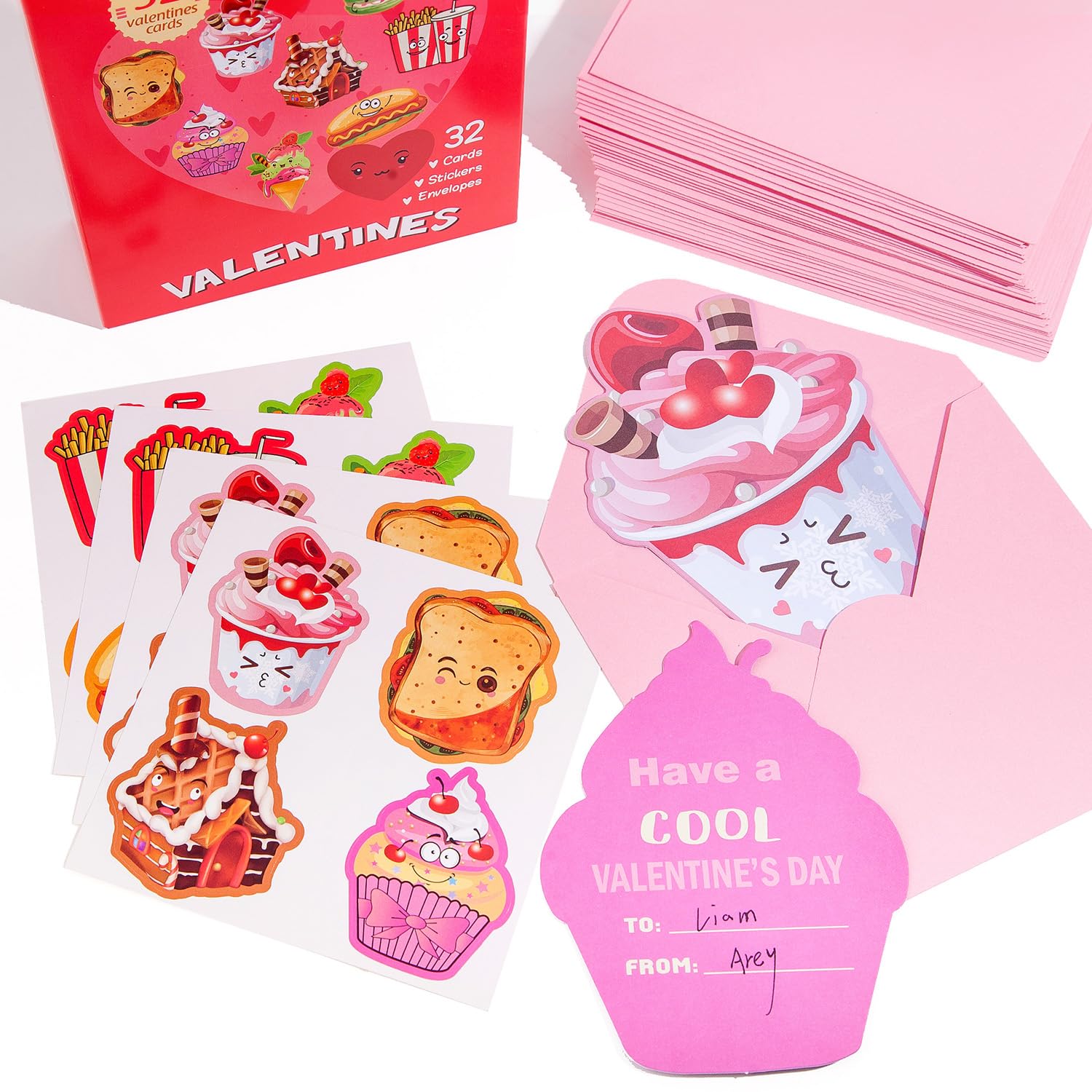 Valentine's Day Cards for Kids - 96 Pack with 32 Snack Valentine Cards, 32 Pink Gift Envelopes & 32 Stickers - Classroom Party Favors, School Exchange Gifts for Students - Perfect for Valentine's Day Celebrations & Classroom Activities