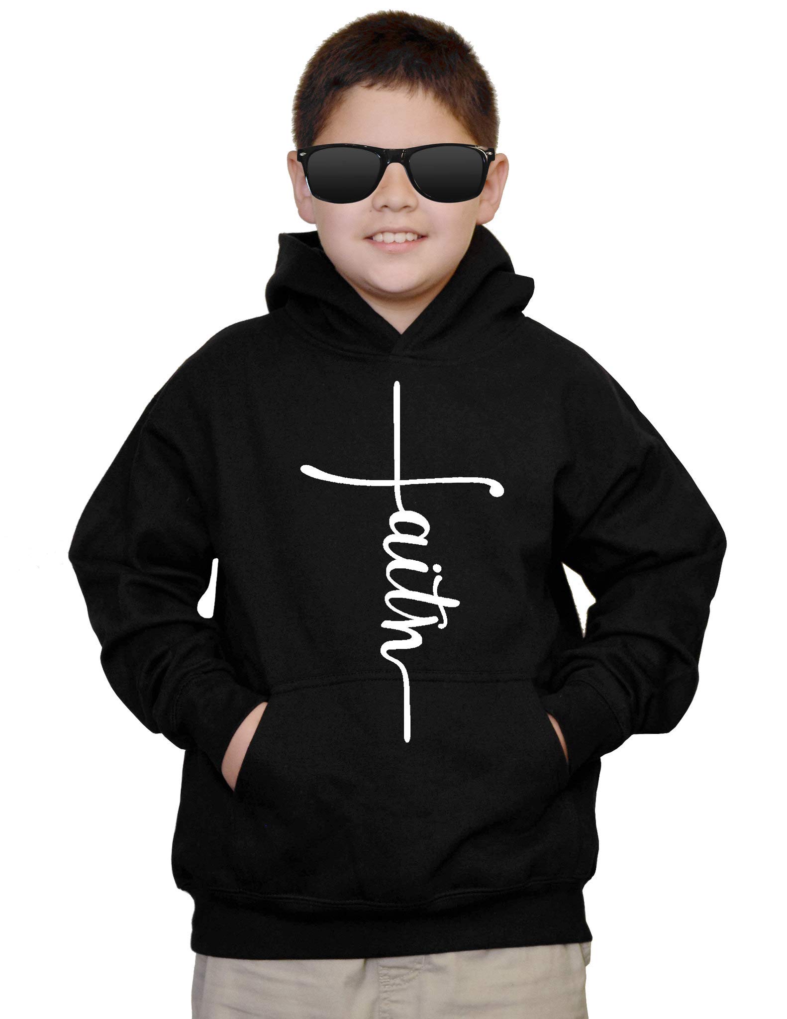 Youth Cross Faith Kids Black Hoodie - Religious Christian Pullover for Boys & Girls - Perfect for Church, Sunday School & Family Gatherings