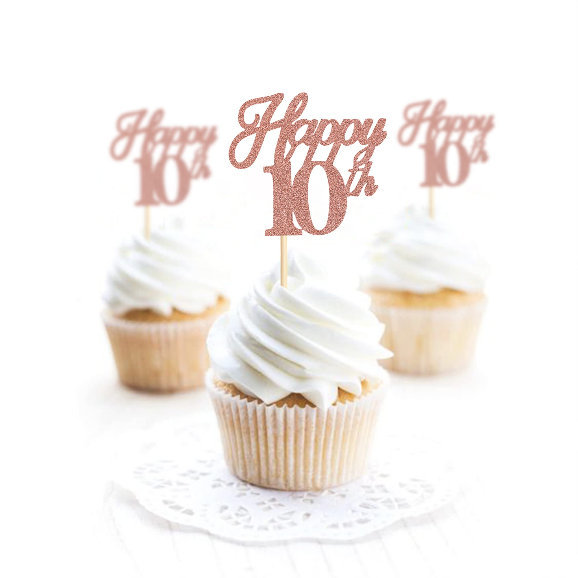 Ercadio 24 Pack Rose Gold Glitter 10th Birthday Cupcake Toppers - Hello 10 Cupcake Decorations for Anniversary, Wedding & Party Cake Supplies | Perfect for Kids Birthday, Milestone Celebrations & Special Events