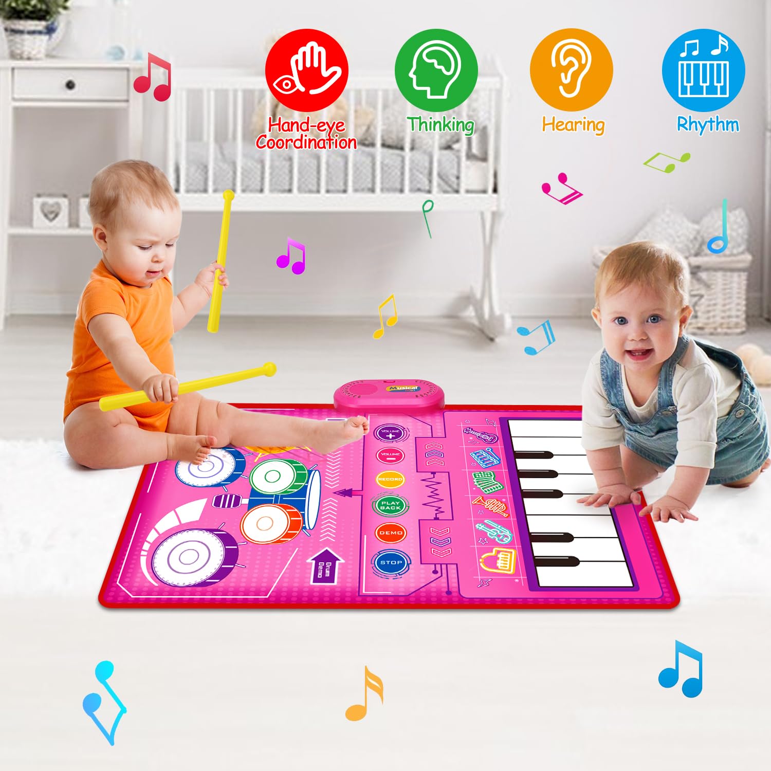 Musical Play Mat for 1-2 Year Old Girls - Piano Keyboard & Drum Toy Gift for Birthday & Easter