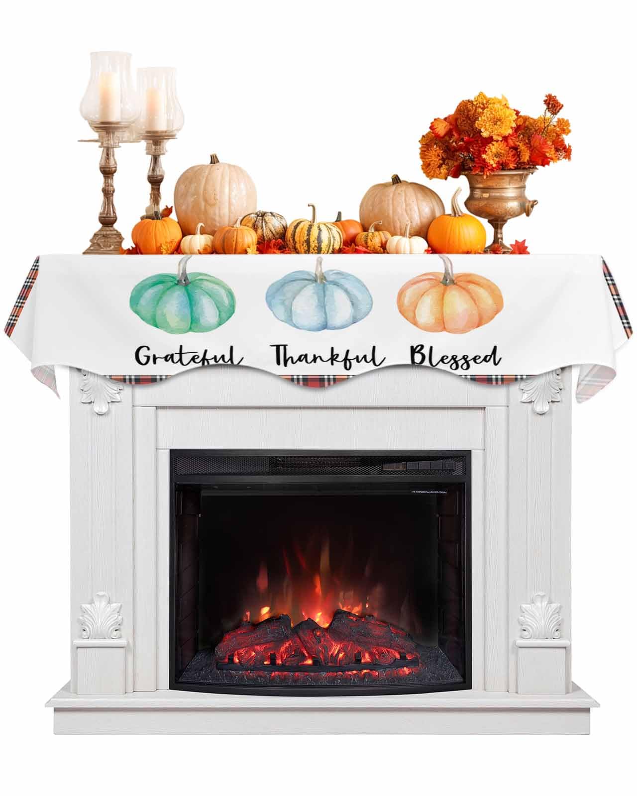 Fall Fireplace Scarf - Pumpkin Thanksgiving Mantel Cover with Plaid Check Design for Fireplace Decor | Grateful Blessed Holiday Home Decor | Perfect for Indoor/Outdoor Use, Seasonal Parties & Cozy Gatherings