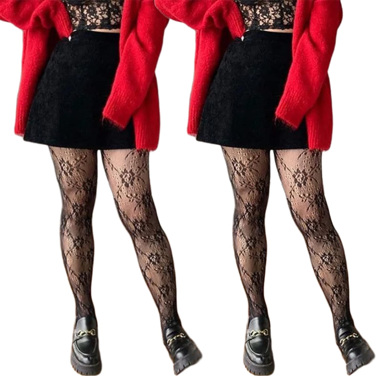 2Pcs Women's Ultra Stretchable Pantyhose - Hollow Floral Lace Fishnet Tights, Plus Size 20D Sheer Stockings for Party, Cosplay & Everyday Wear
