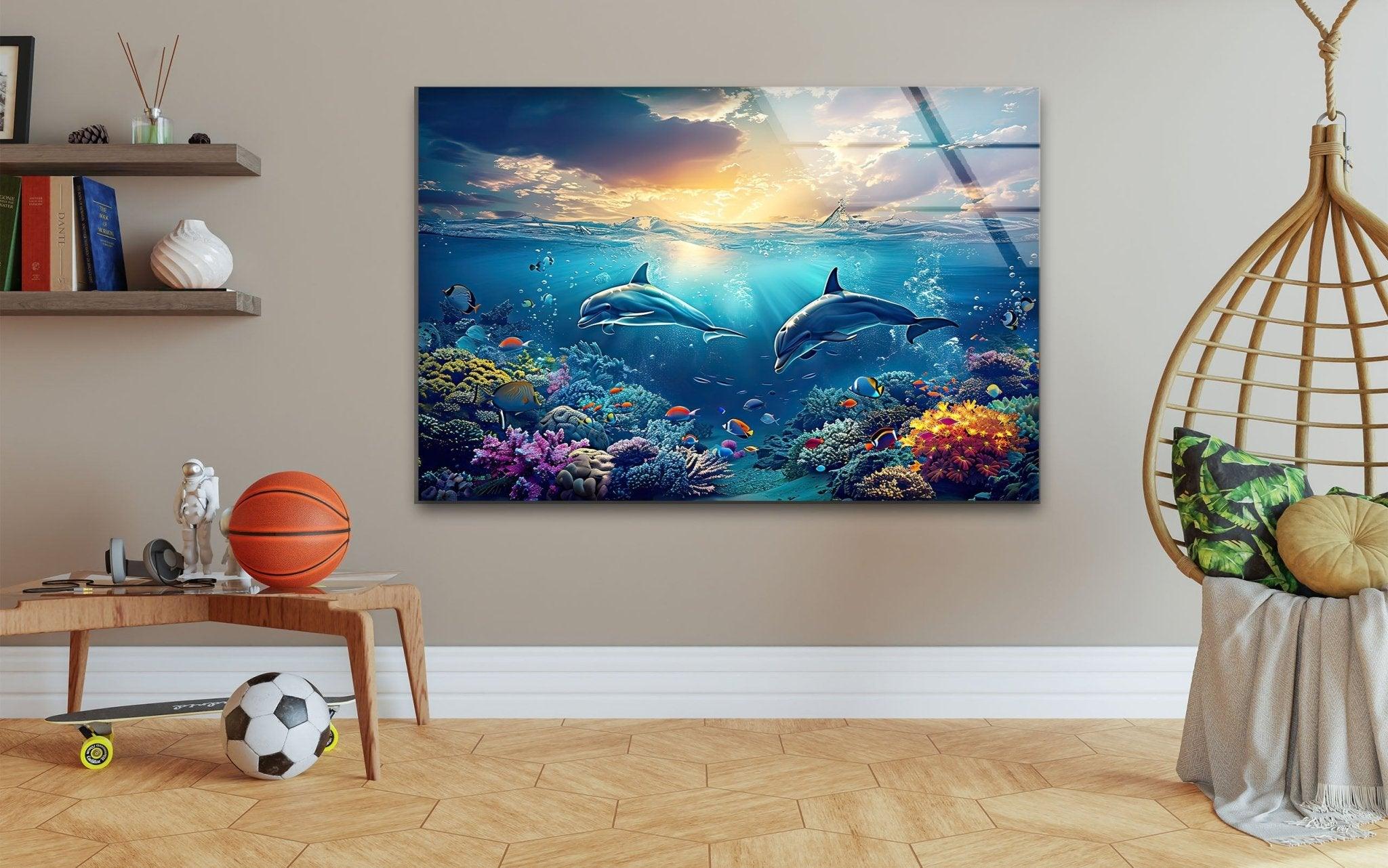 Stunning Dark Blue Dolphins Glass Wall Art - Handmade Ocean Themed Decor for Living Room, Bedroom & Office