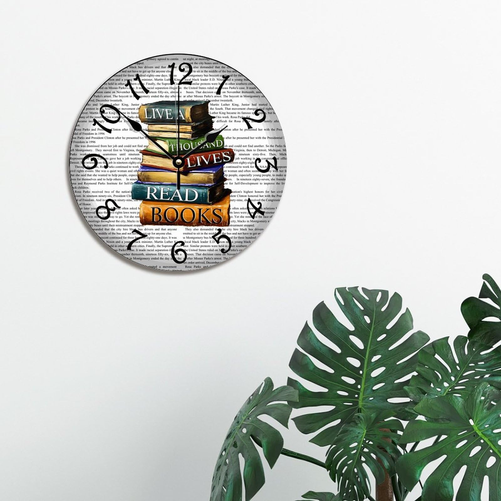 12 Inch Wooden Farmhouse Wall Clock - Battery Operated Rustic Library Clock with 'Lived A Thousand Lives' Book Quote - Perfect for Kitchen, Living Room, Bedroom, Office & Reading Nook Decor