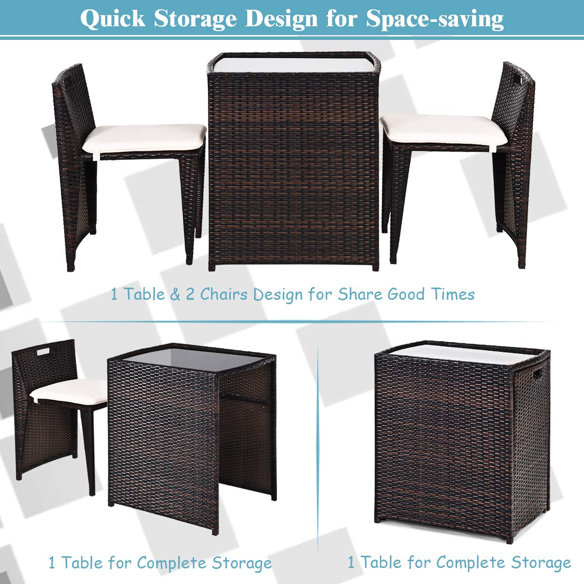 Tangkula 3-Piece Brown Outdoor Rattan Dining Set - Patio Bistro Table with Tempered Glass & Cushioned Wicker Chairs - No Assembly Required - Space Saving Furniture for Courtyard, Balcony, Garden, Backyard & Small Outdoor Spaces