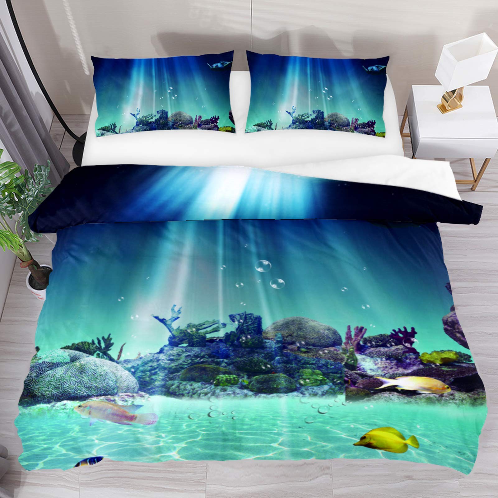 HEOEH Fish Coral Underwater Bedding Set - Full Size Duvet Cover with 2 Pillow Shams (3pc) for Kids & Teens Boys Girls | Ocean Theme Bedroom Decor | Perfect for Beach House, Kids Room or Underwater Themed Nursery