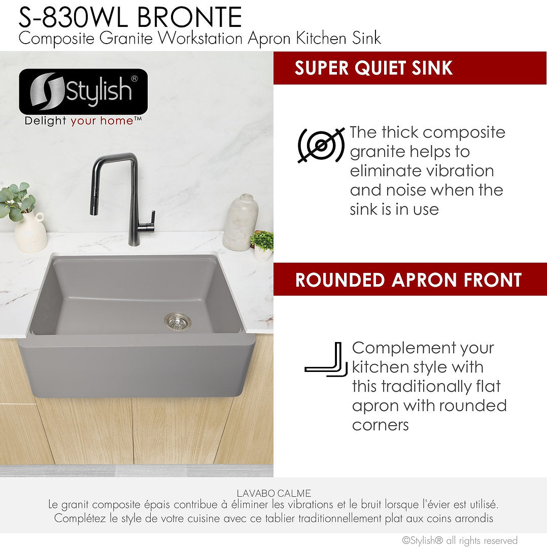 Stylish 30-inch BRONTE S 830WL Farmhouse Apron Front Grey Composite Granite Single Bowl Kitchen Sink - Perfect for Modern Farmhouse & Rustic Kitchen Renovations
