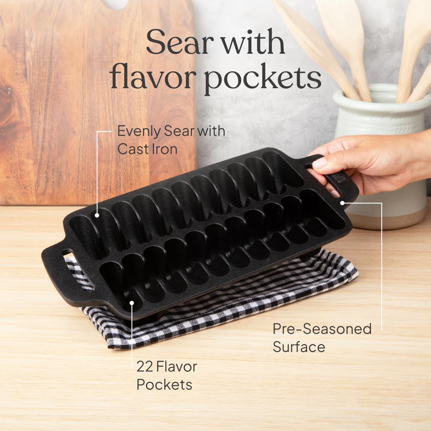 TOMO Cast Iron Shrimp Grill Pan - Heavy Duty Skillet for BBQ, Seafood & Vegetables - Perfect for Grilling, Roasting & Searing - Indoor & Outdoor Cooking