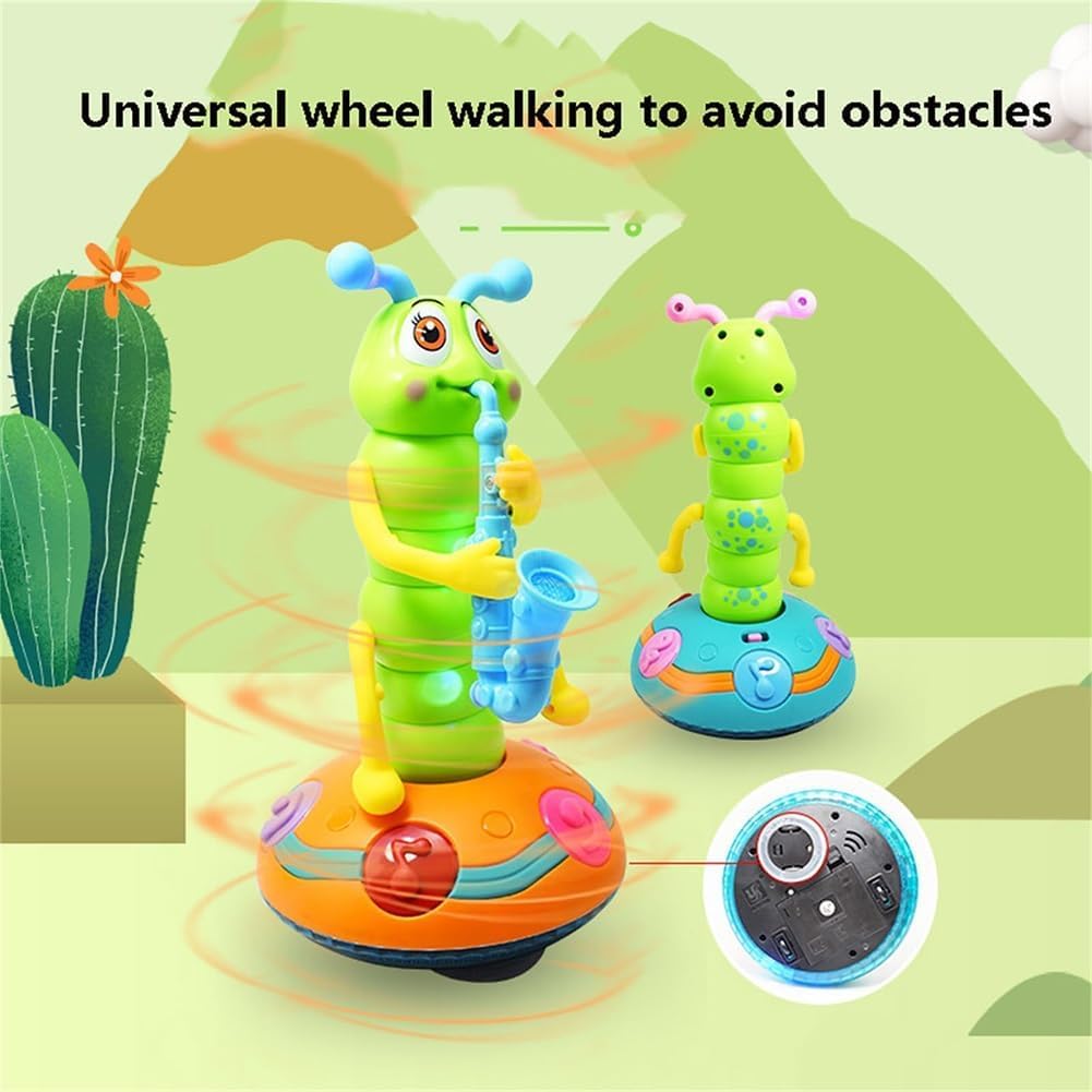 Electric Dancing Saxophone Caterpillar Toy - LED Light & Music with Auto Obstacle Avoidance - Early Learning Educational Gift for Toddlers & Kids - Perfect for Birthday Parties, Preschool Playtime & Sensory Development (Blue)