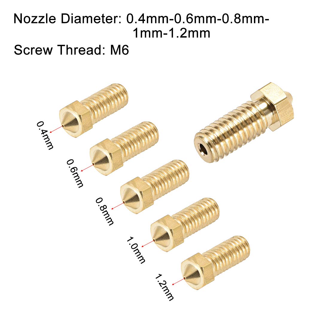 uxcell 5pcs 3D Printer Nozzle Kit - M6 Brass V5/V6 Nozzles (0.4mm,0.6mm,0.8mm,1mm,1.2mm) Compatible with 1.75mm Filament 3D Printers - Perfect for DIY Printing, Prototyping & Maker Projects
