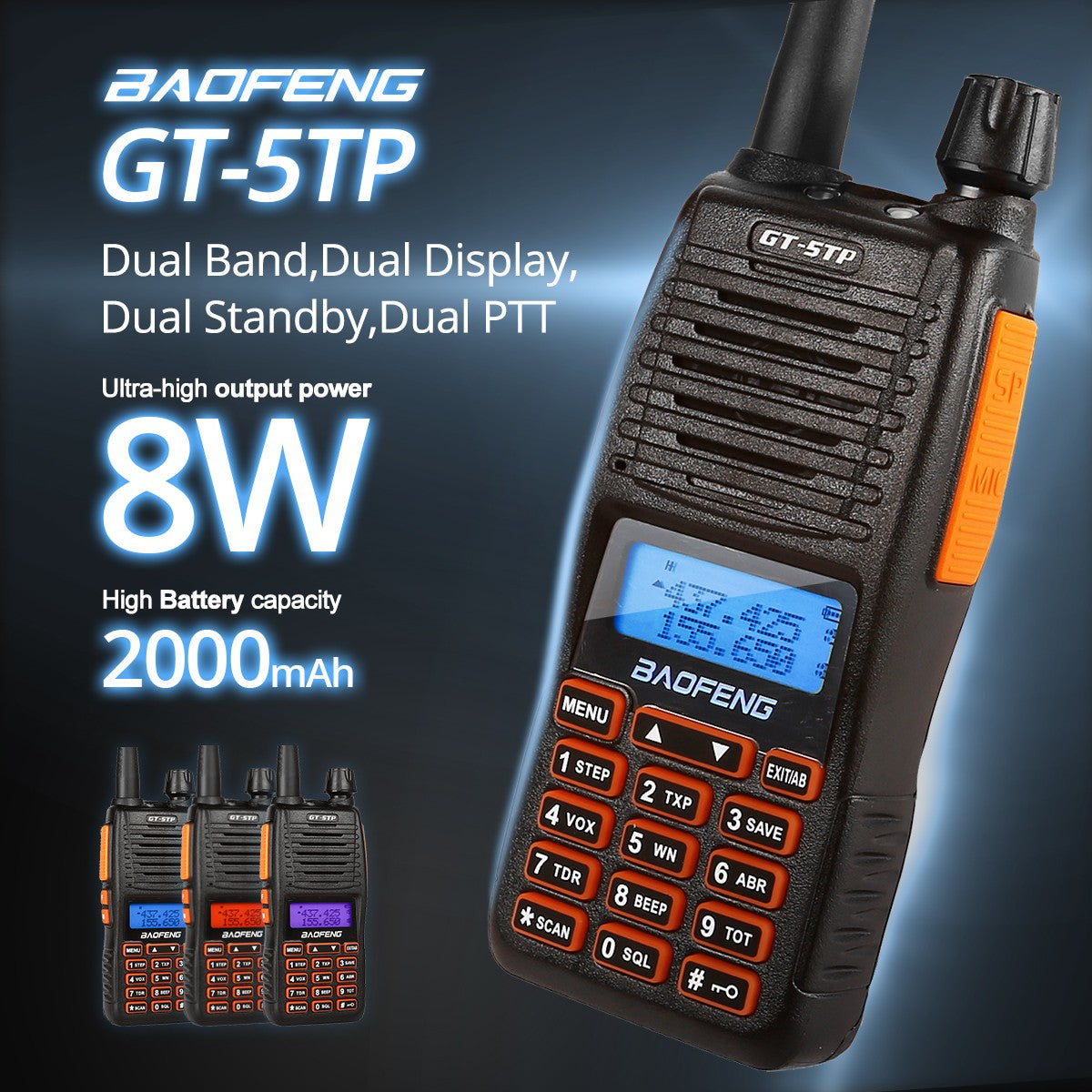 Baofeng GT-5TP Dual Band Two-Way Radio | Tri-Power & Dual PTT | 8W High Power Walkie Talkie (5 Pack) for Outdoor Adventures, Construction Sites & Emergency Communication