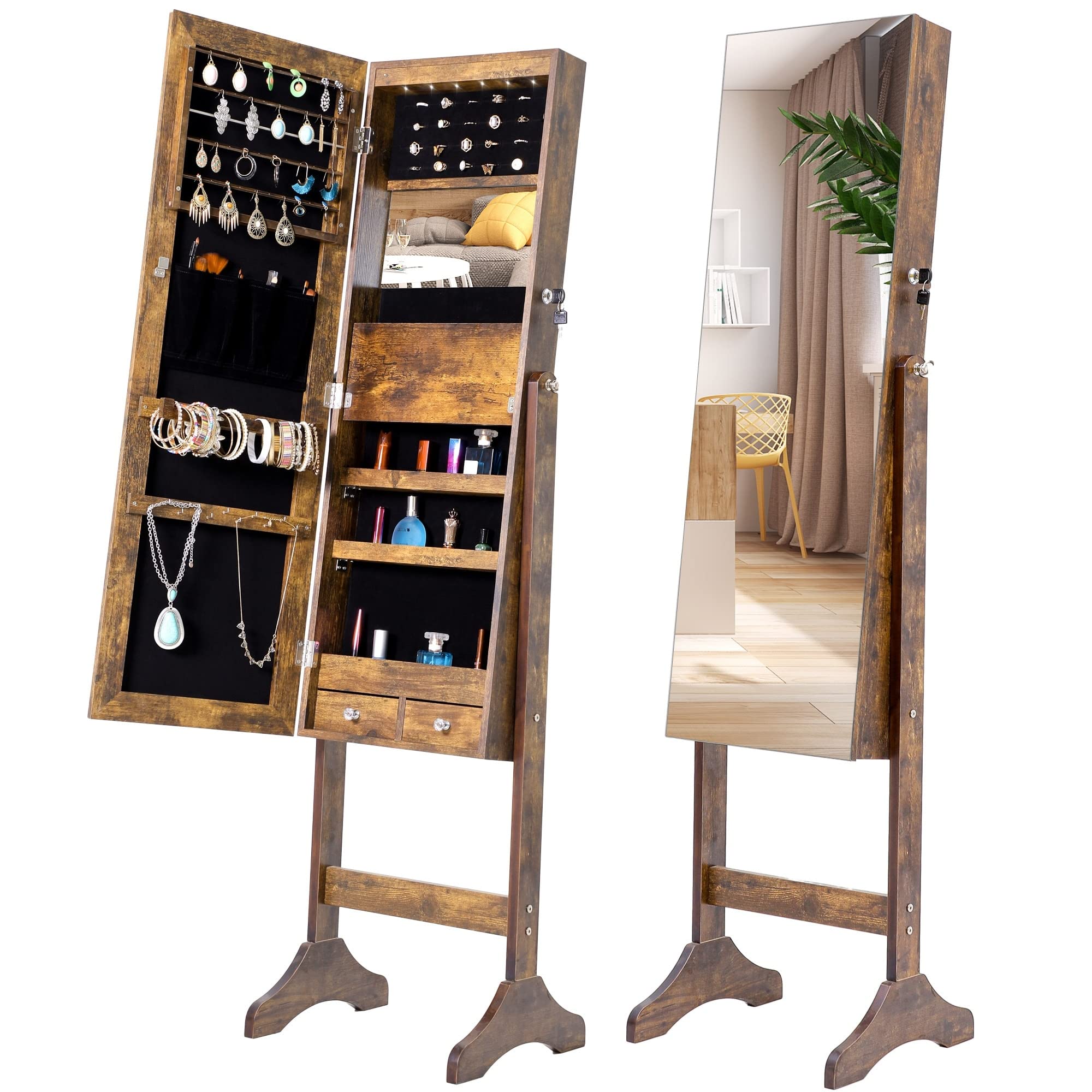 Modern Jewelry Storage Mirror Cabinet with LED Lights - Grey MDF Wood Finish | Vanity Organizer for Necklaces, Rings & Earrings | Perfect for Bedroom, Bathroom & Dressing Room