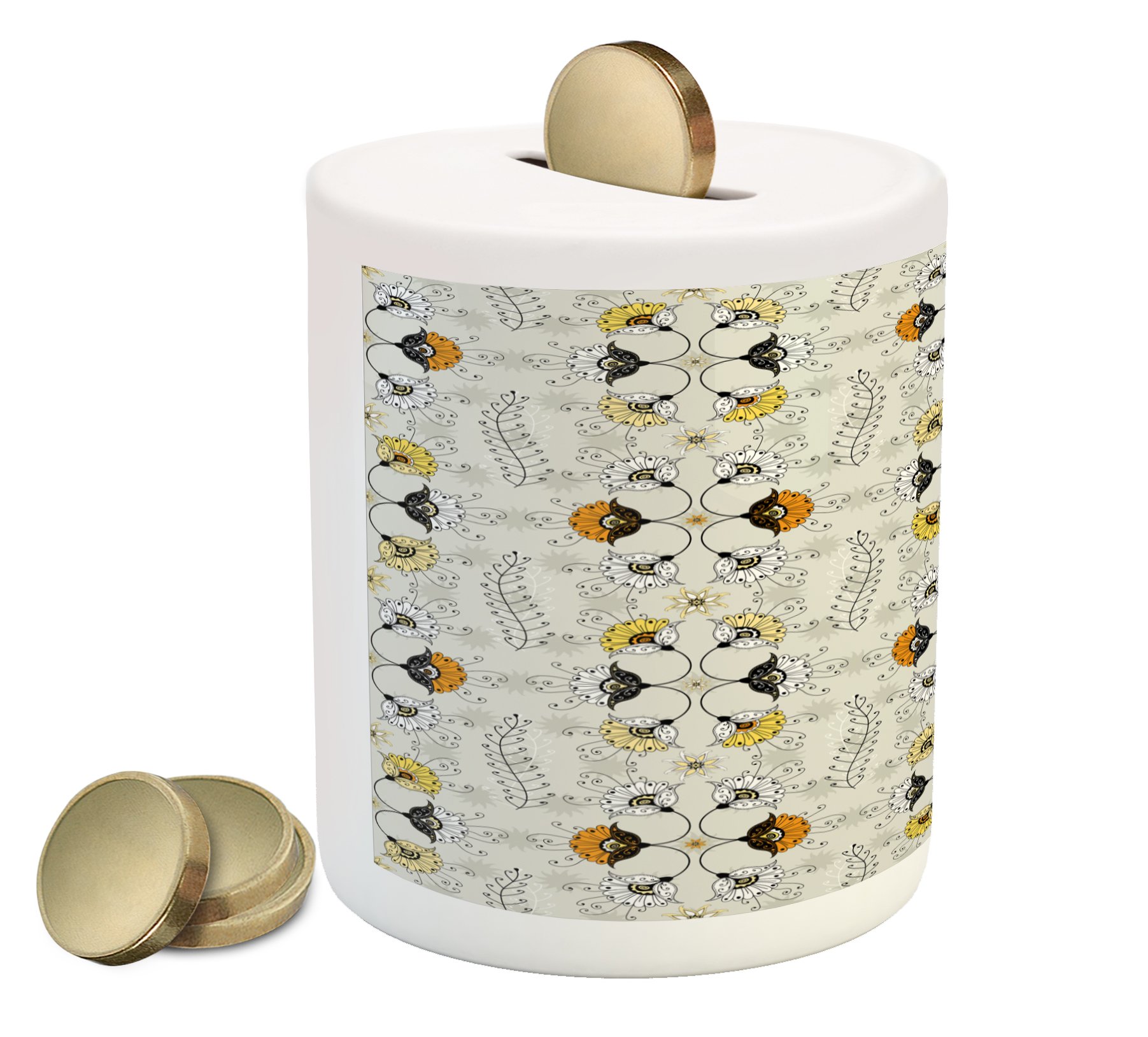 Ambesonne Ceramic Piggy Bank - Grey & Yellow Paisley Floral Design with Ivy Swirls | Money Saving Coin Bank for Kids & Adults | Perfect for Birthday Gifts, Home Decor, and Financial Education