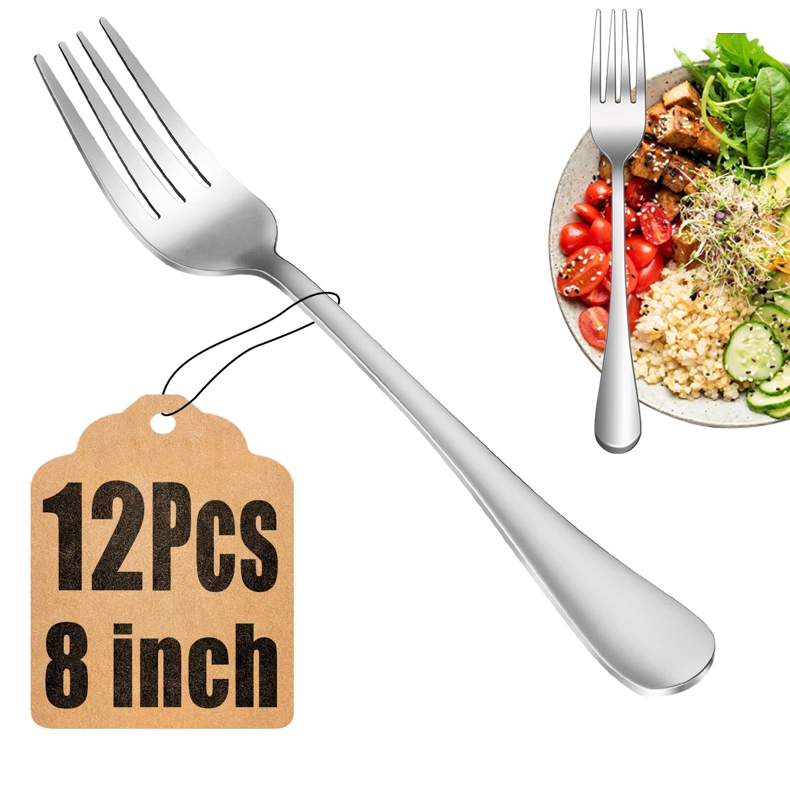 12-Piece Stainless Steel Dinner Forks Set - Mirror Polished 8-Inch Food Grade Silverware for Home, Kitchen & Restaurant Use - Dishwasher Safe Cutlery for Everyday Dining, Parties & Catering Events