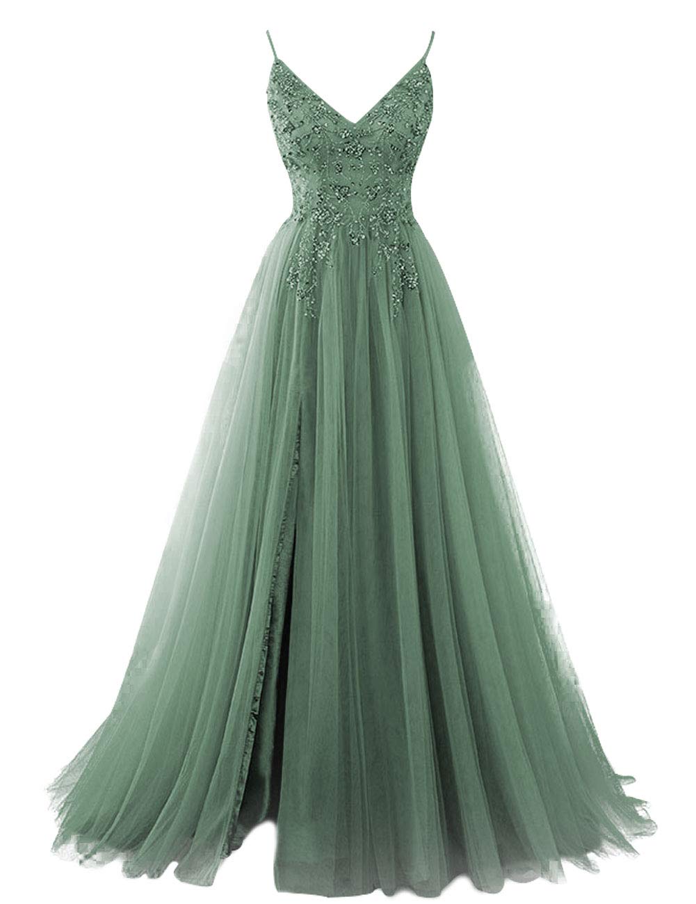 Elegant Beaded V-Neck Long Prom Dress with Tulle Skirt - Formal Evening Gown for Homecoming, Ball & Special Occasions