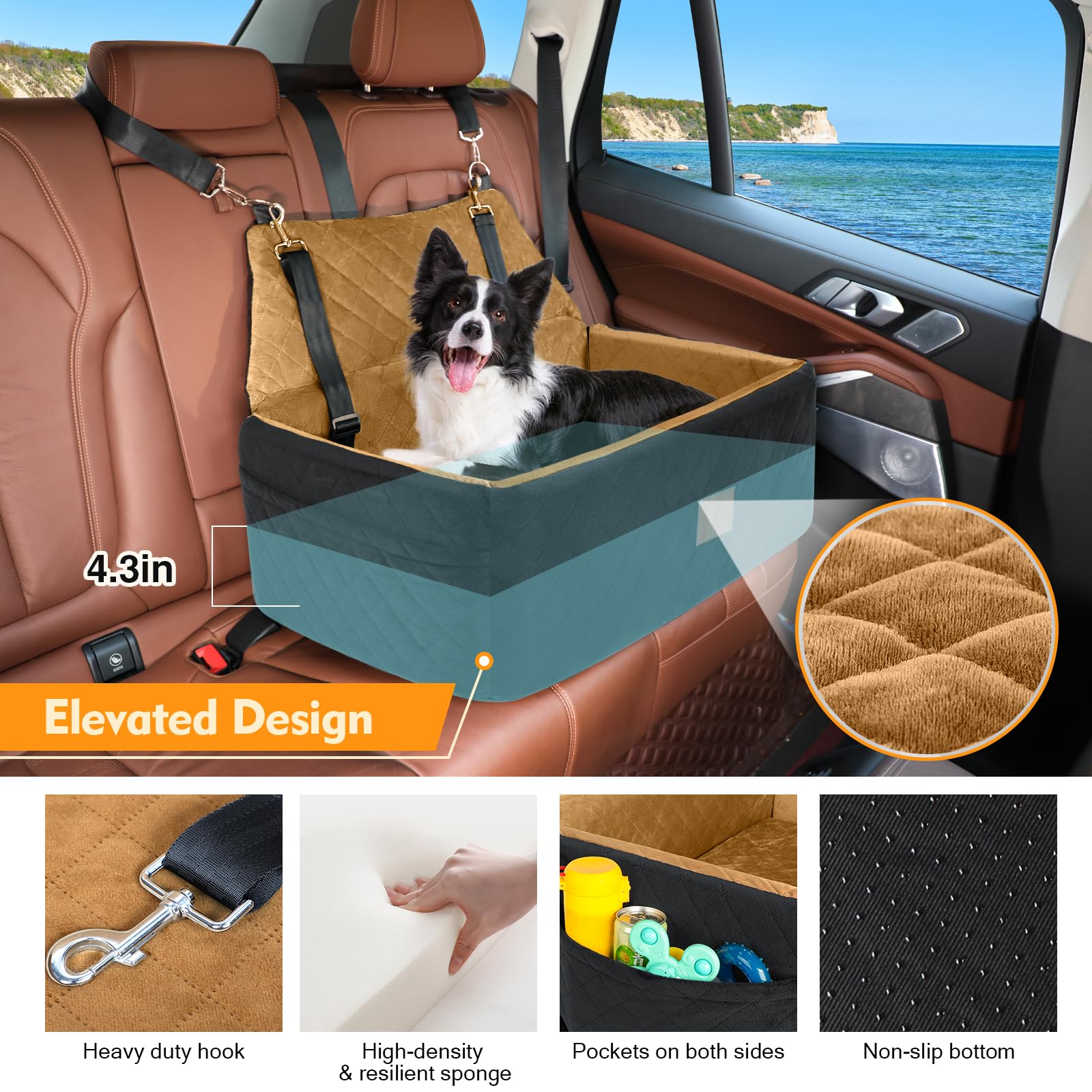 Washable Dog Car Seat for Large & Medium Dogs Under 55 lbs - Thick Cushion Booster Seat with 2 Safety Leashes | Travel Pet Bed for Cars, SUVs & Road Trips