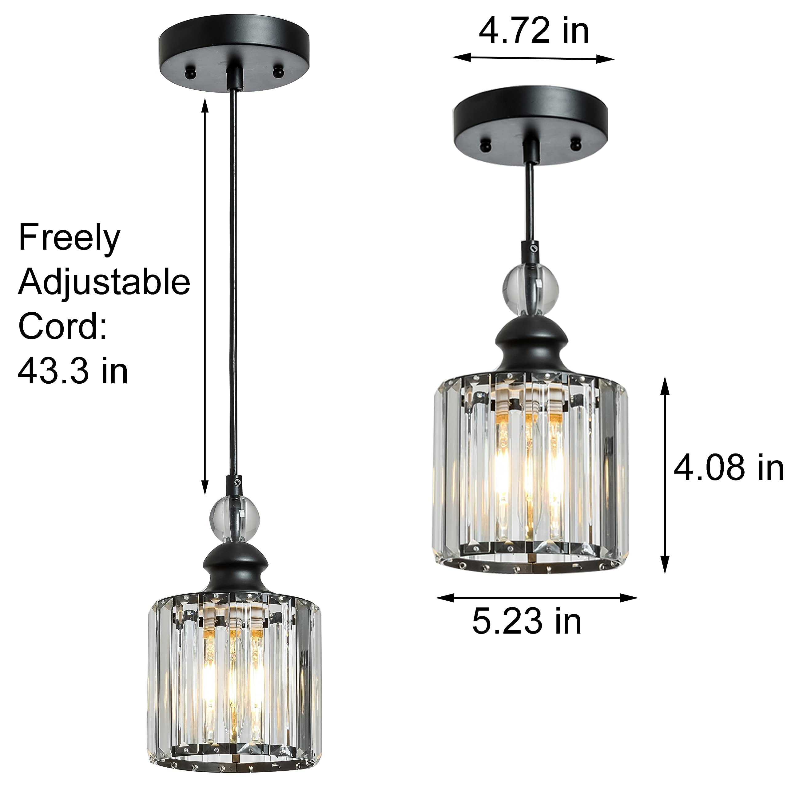 3-Pack Matte Black Crystal Pendant Lights - Adjustable Industrial Mini Chandeliers for Kitchen Island, Dining Room, Living Room, Bar & Cafe | Elegant Indoor Lighting Fixtures for Modern Home Decor
