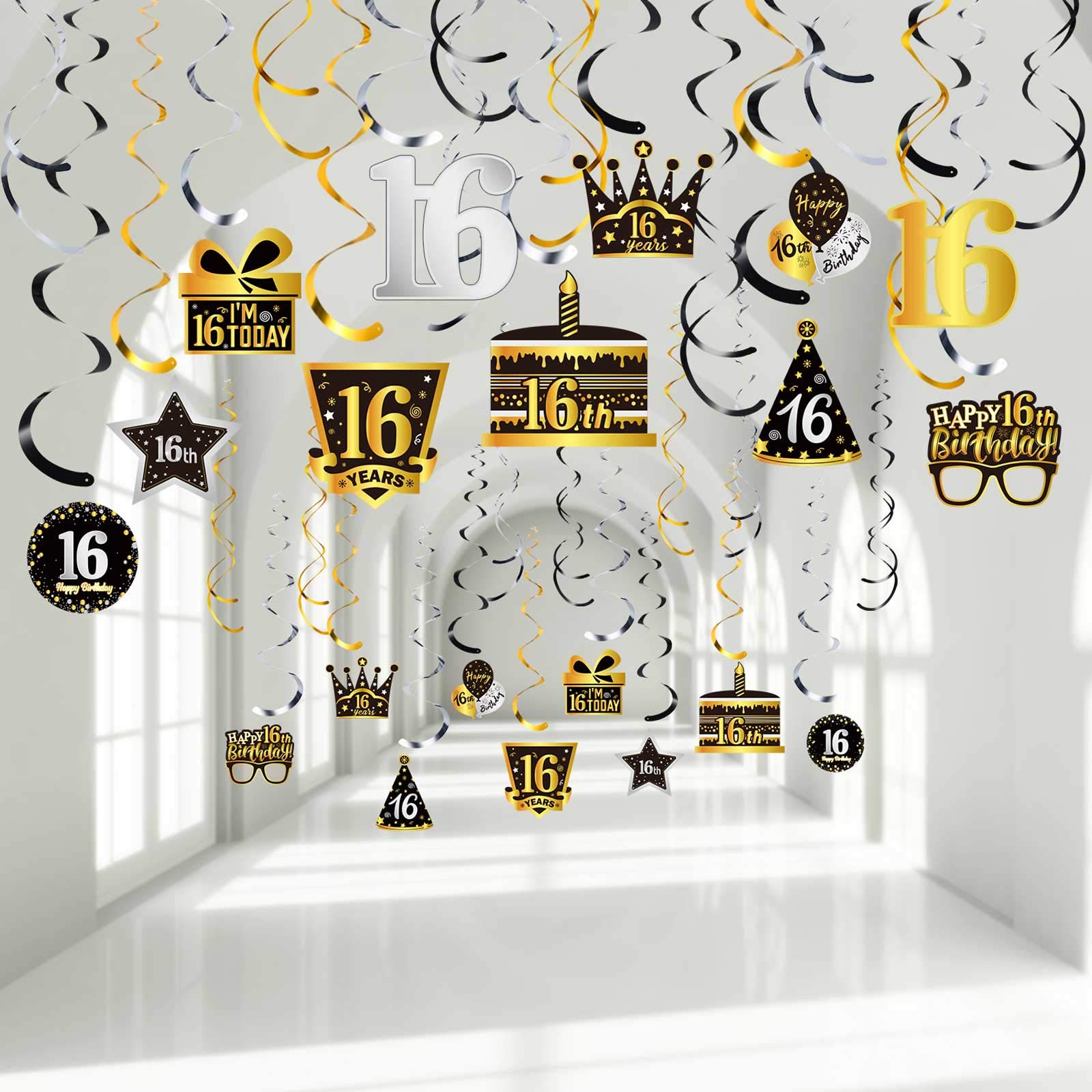 30 Pieces Birthday Party Decorations Set - Silver Black Gold Hanging Swirls, Balloons, Cake Toppers & Foil Signs for Boys & Girls (16 Styles) | Perfect for Birthday Parties, Baby Showers & Anniversary Celebrations