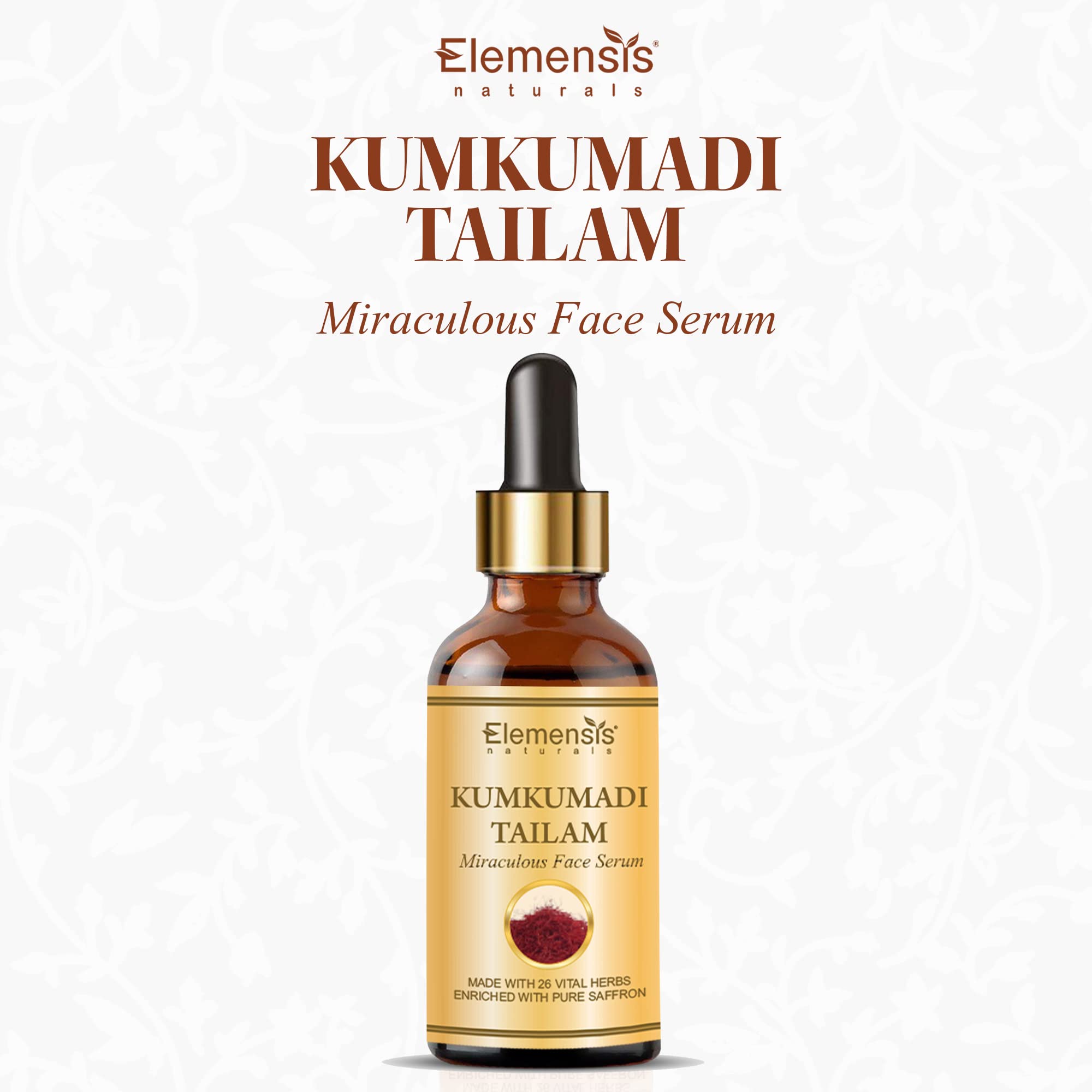Elemensis Naturals Kumkumadi Tailam Face Oil - Brightening & Whitening Serum for Glowing Skin, Anti-Aging Treatment with Natural Ingredients, 20ml - Perfect for Nighttime Skincare Routine & Daily Radiance Boost