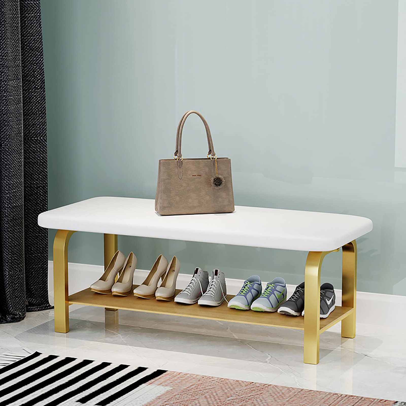 Modern Shoe Rack Bench with Wooden Storage Shelf - White Faux Leather Upholstered Entryway Organizer (80x30x45cm/31x12x18in) - Perfect for Hallway, Living Room & Small Space Organization