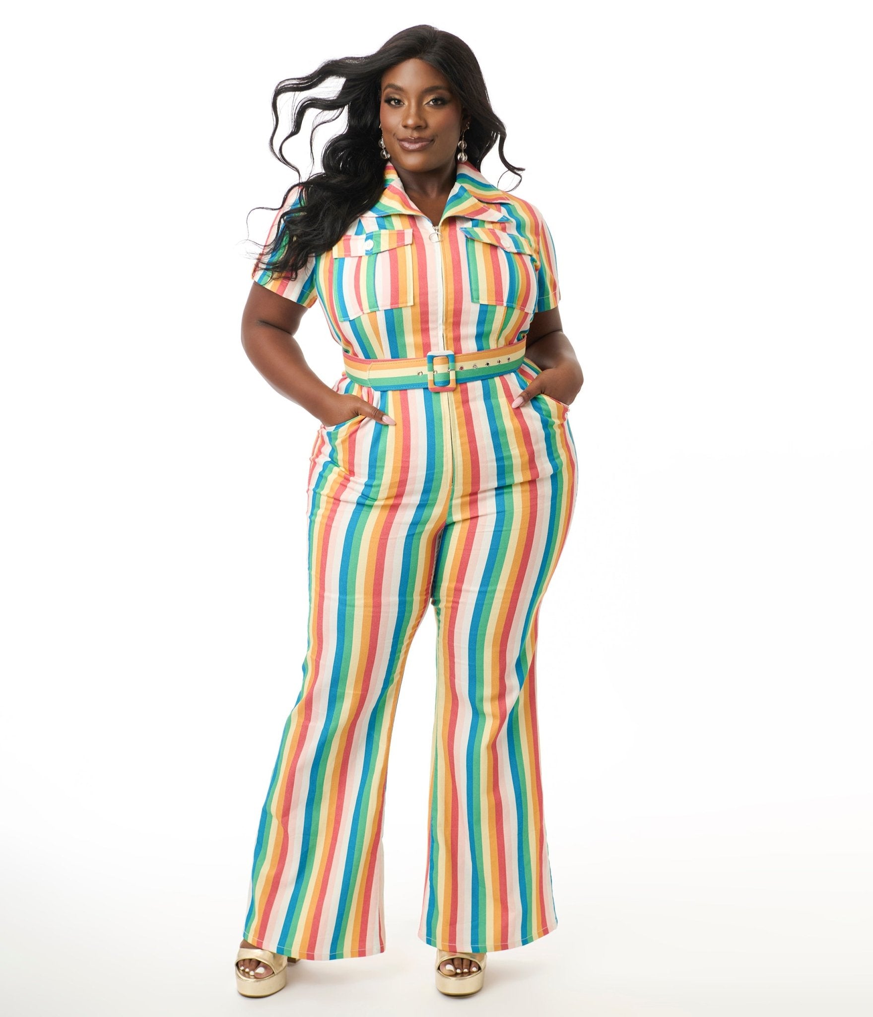 Smak Parlour Plus Size Retro Rainbow Stripe Flare Jumpsuit for Women - Vintage 70s Inspired Wide Leg Romper - Boho Chic Party Outfit for Concerts, Festivals & Summer Vacations