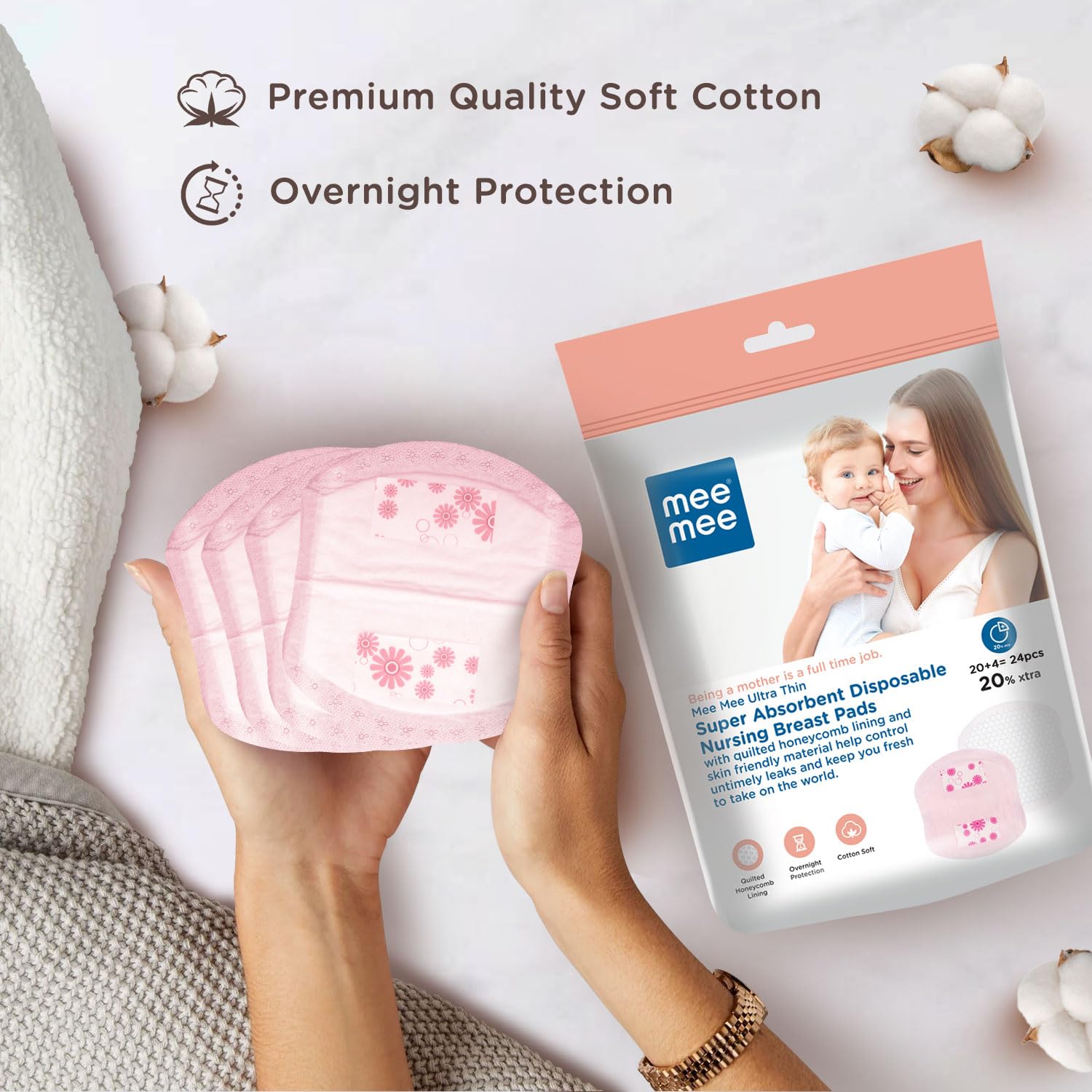 Mee Mee Disposable Nursing Breast Pads 24 Pcs - Ultra Thin Honeycomb Design with Leak Guard | Super Absorbent & Soft Cotton Maternity Pads for Breastfeeding Moms | Compact & Discreet for Day & Night Use | Perfect for Work, Travel & Daily Comfort