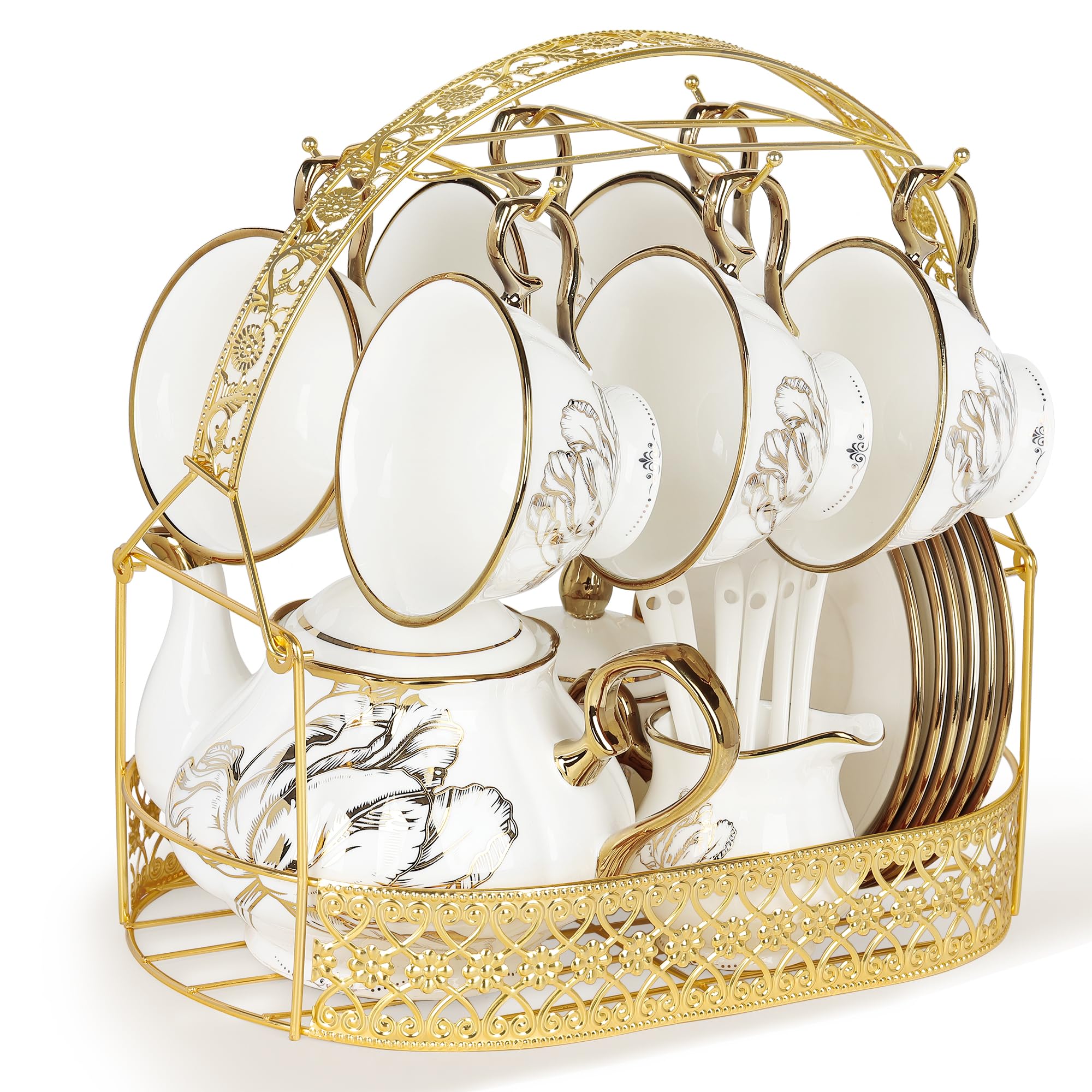 Fanquare British Porcelain 22-Piece Tea & Coffee Set - Premium Bone China with Gold Tulip Design, Includes 6 Cups & Saucers with Metal Holder - Perfect for Afternoon Tea, Home Decor, Weddings & Birthday Parties