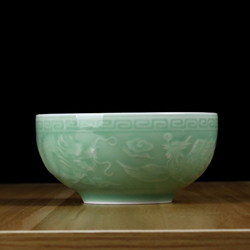 Premium Chinese Celadon 4.5-Inch Rice Bowls - Microwave & Dishwasher Safe - Exquisite Dragon & Phoenix Embossed Design - Perfect for Asian Cuisine, Home Dining & Gift Giving