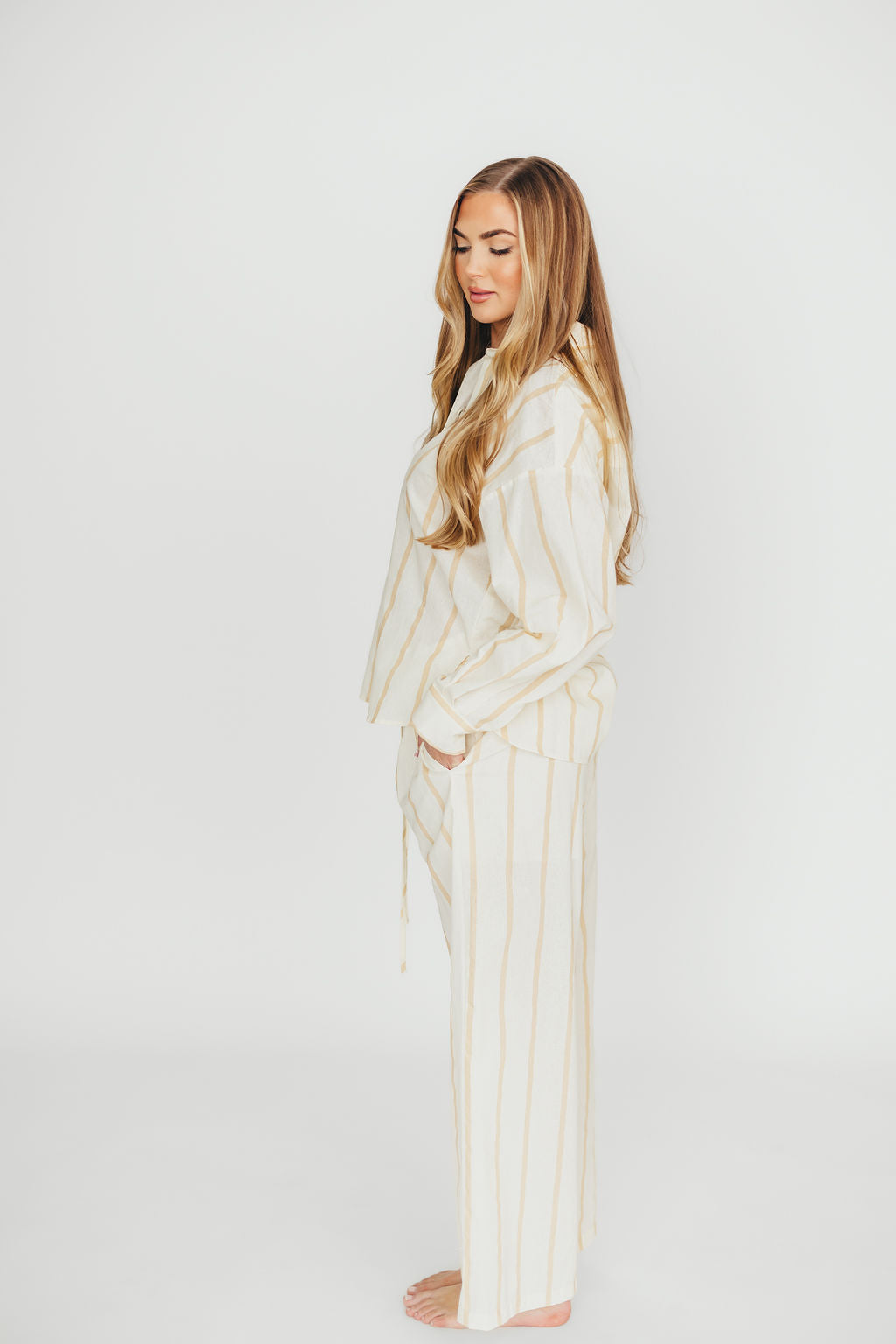 Rowan Pants in Beige Stripe - Women's High-Waisted Casual Trousers with Comfort Stretch | Perfect for Office, Travel & Everyday Wear