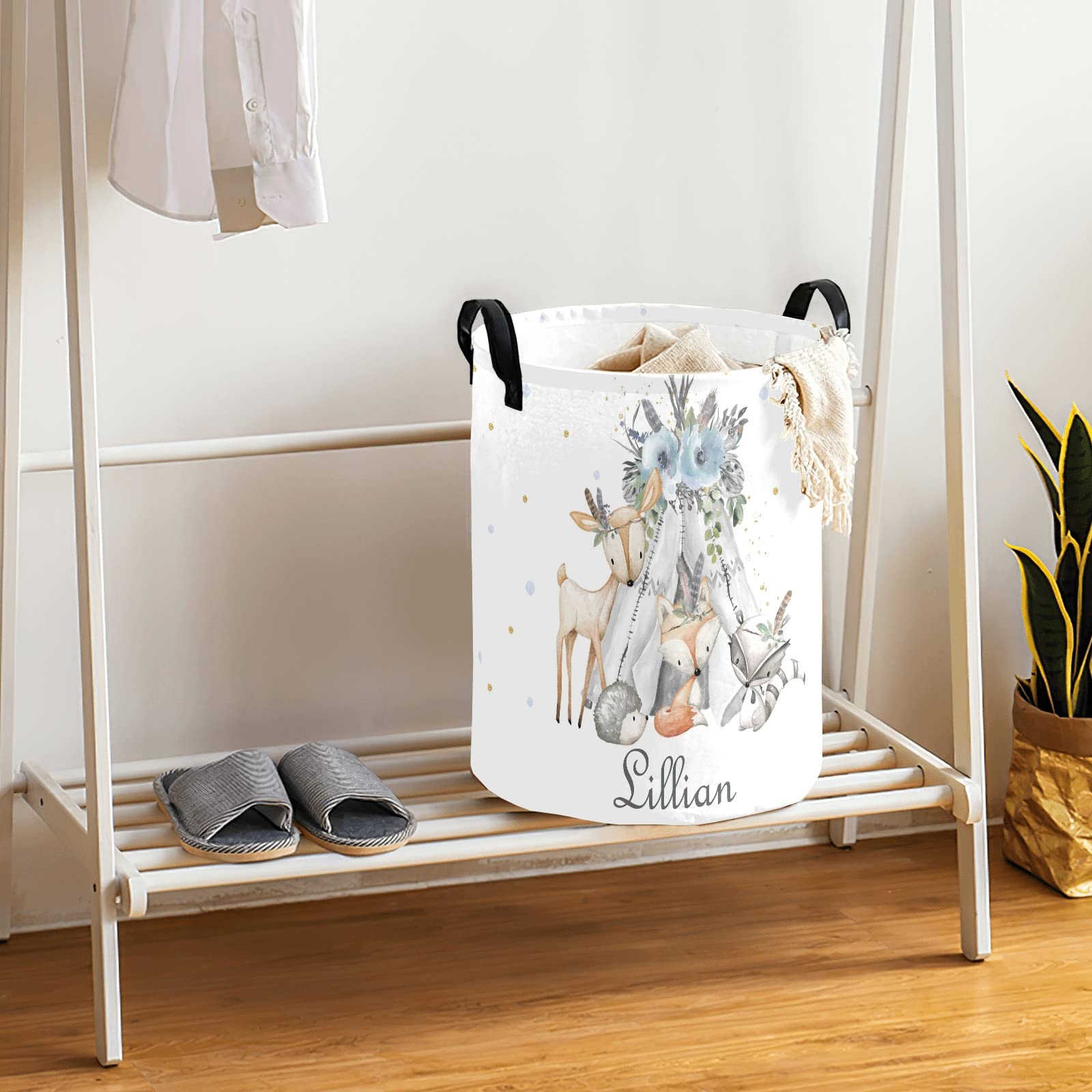Personalized Woodland Animals Blue Laundry Basket with Handles - Waterproof Collapsible Clothes Hamper for Boys, Large Capacity Storage Organizer for Bedroom & Bathroom Decor | Perfect for Kids' Room, Nursery, and Dorm Organization