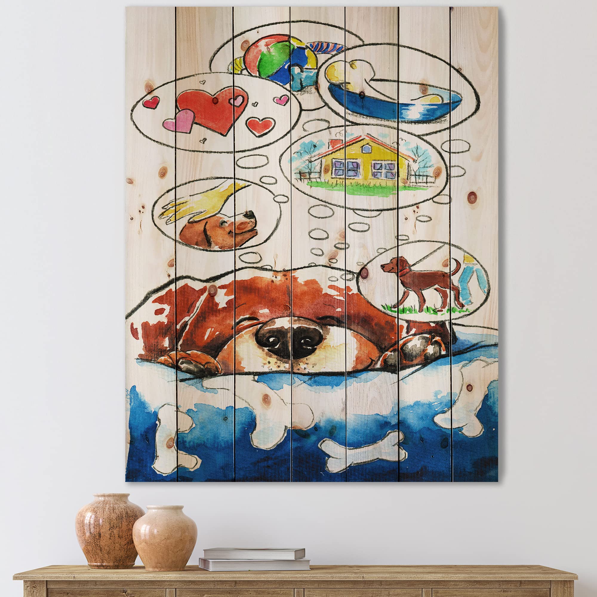 DesignQ Dog Dreams Wood Wall Art for Kids - Brown Animal-Themed Pine Wood Wall Decor Panels - Perfect for Nursery, Playroom & Children's Bedroom Decor
