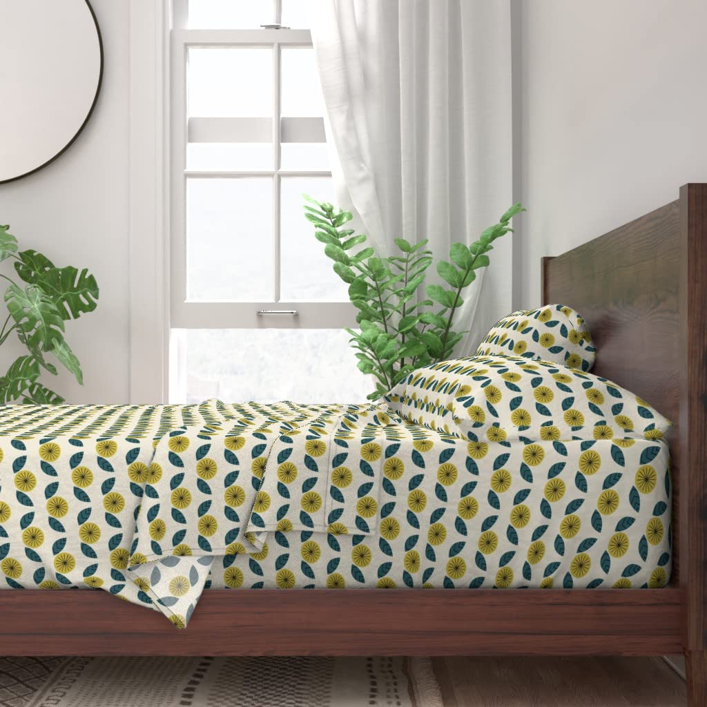 Mod Flowers Cream Mid Century Floral Geometric Print 100% Cotton Queen 4-Piece Sheet Set | Soft & Breathable Bedding for Modern Retro Nursery, Guest Room or Gender Neutral Home Decor