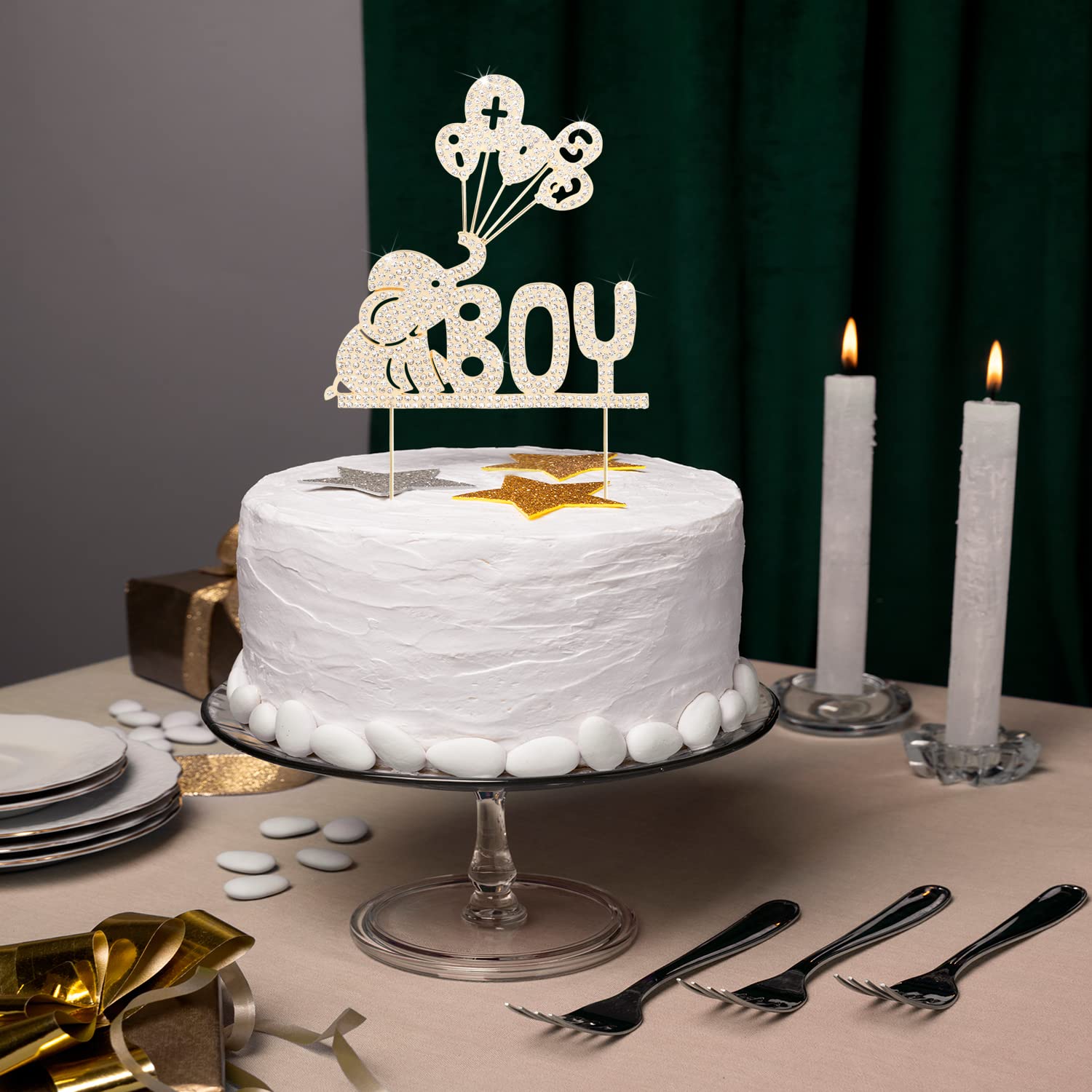 LINGTEER Gold Elephant Baby Boy Cake Topper with Rhinestones - Cheers to Sweet Baby Boy, Baby Shower & First Birthday Party Decorations - Perfect for Baby Shower Centerpieces, Gender Reveal Parties, and 1st Birthday Celebrations