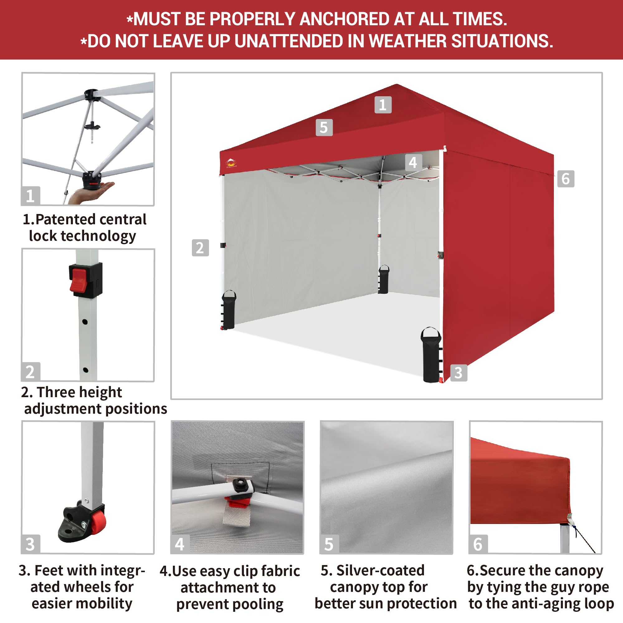 10x10 Pop Up Canopy Tent with Sidewalls - Red for Outdoor Events