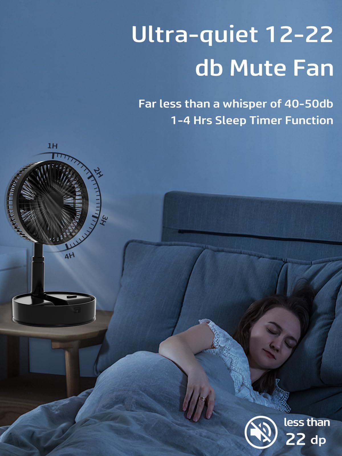 UN UNITEDTIME Foldable Fan with Remote Control - 7200mAh Rechargeable Battery, 4 Speed Settings & Timer - Portable Pedestal Fan for Camping, Travel, Outdoor, Home Use - Perfect for Bedroom, Office, and Patio (Black)