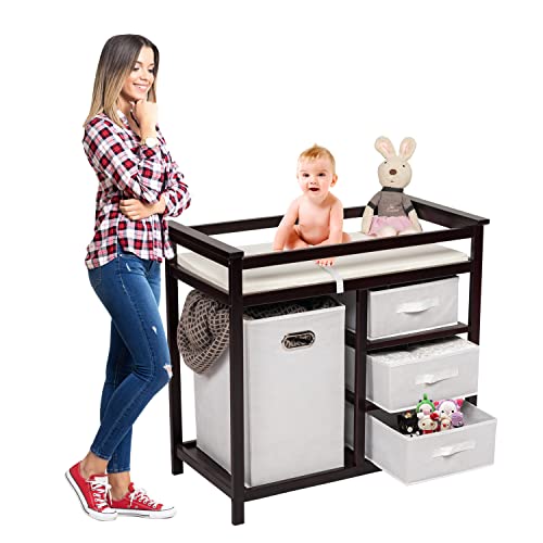 Kinbor Baby Changing Table with Hamper & 3 Baskets - Sturdy Nursery Organizer with Changing Pad for Newborns & Infants (Brown) - Perfect for Diaper Changes, Baby Care & Nursery Storage