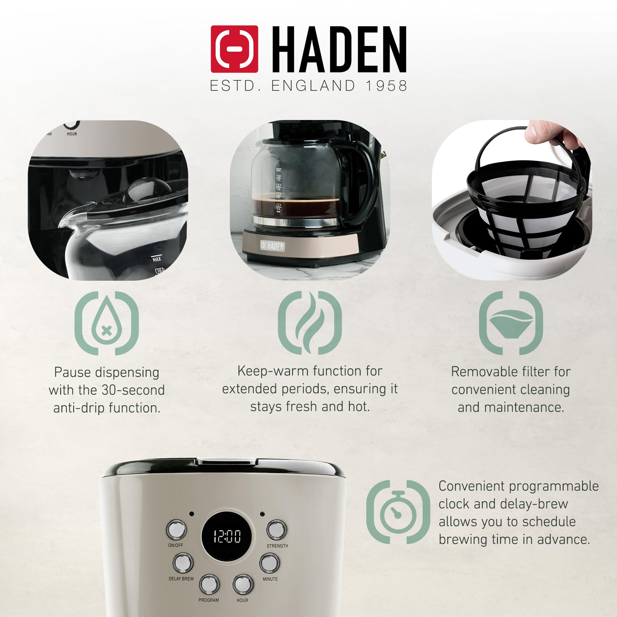Haden 12 Cup Programmable Drip Coffee Maker with Dorset 4-Slice Wide Slot Stainless Steel Toaster Set - Perfect for Home Kitchen, Office, and Breakfast Nook - Putty & Chrome Finish