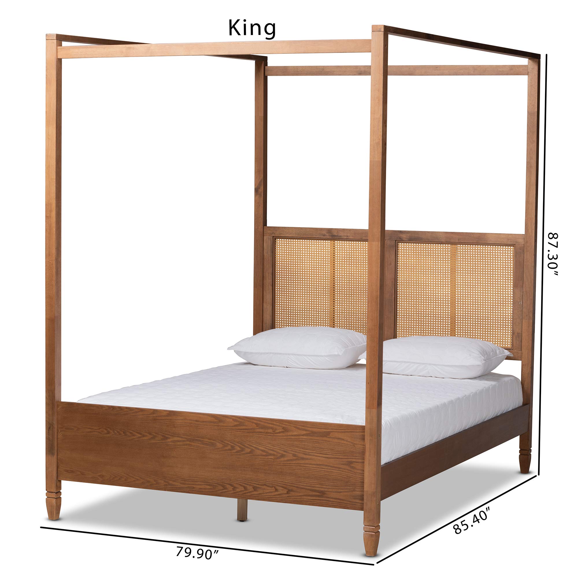 Baxton Studio Malia Modern Queen Size Canopy Bed - Walnut Brown Wood & Rattan Design for Bedroom Decor | Perfect for Contemporary Master Bedrooms and Guest Rooms
