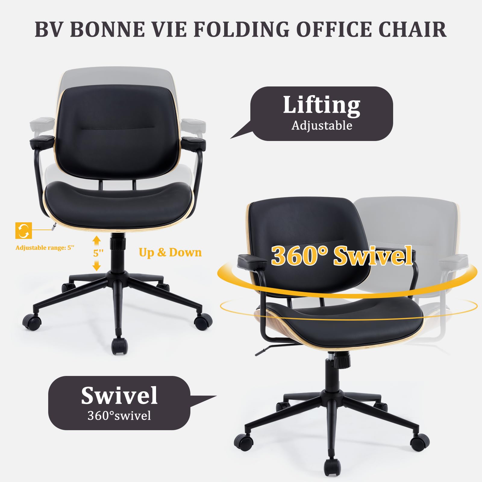 Mid Century Modern Office Chair with Adjustable Height & Armrests - Walnut Back Ergonomic Desk Chair with Wheels for Home Office, Study, Reading Room - Black (Set of 1) | Perfect for Workspaces, Libraries & Cozy Home Offices
