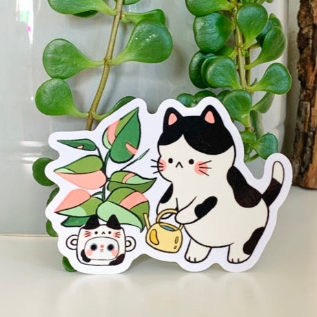 Chocolett X Aleisha Cat Watering Plant Sticker - Cute Cat Lover Decal for Laptops, Water Bottles & Notebooks - Perfect Gift for Pet Owners & Plant Enthusiasts
