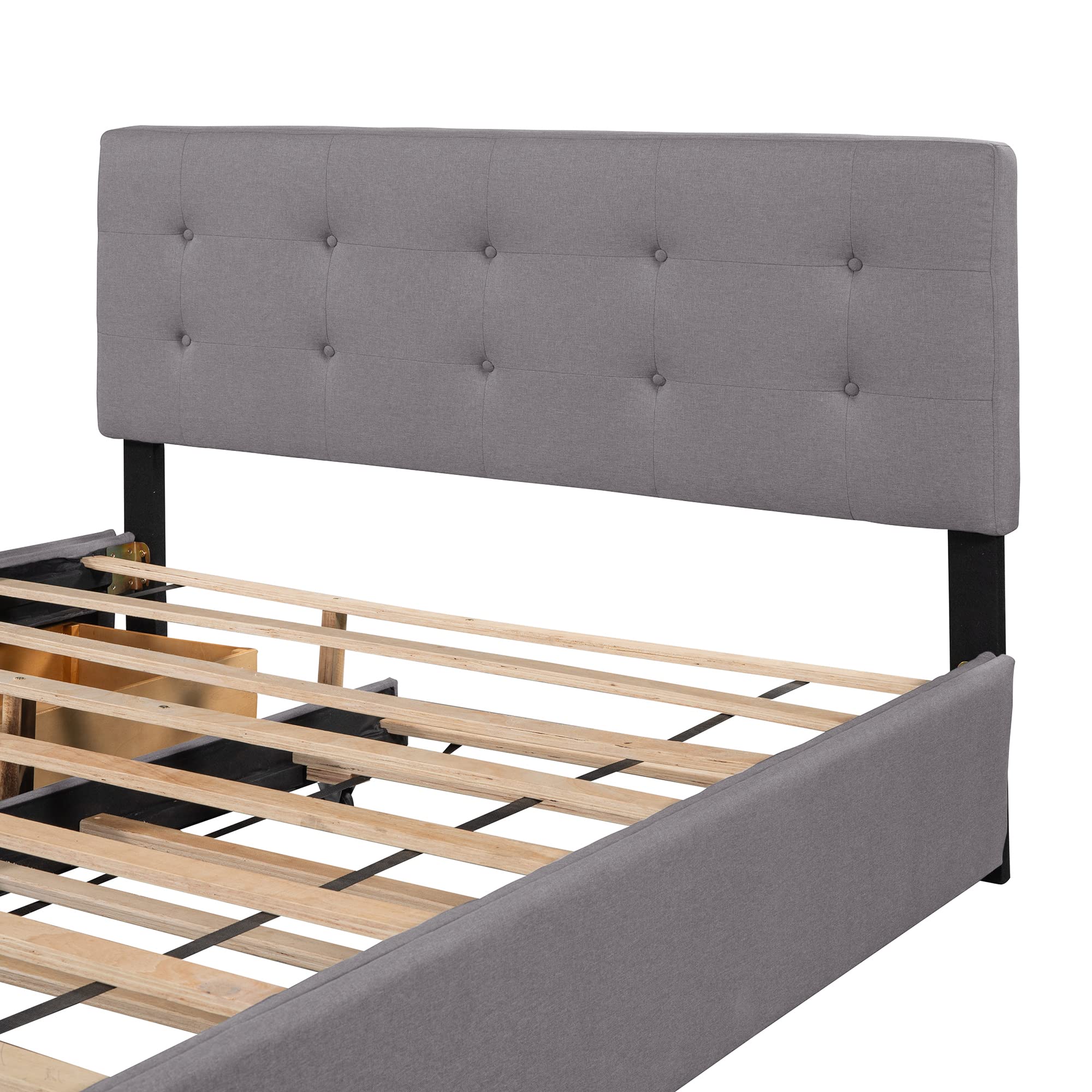 Queen Size Upholstered Platform Bed with 2 Storage Drawers & Twin XL Trundle - Light Gray Linen Fabric Wooden Bed Frame for Guest Room, Small Space & Modern Bedroom