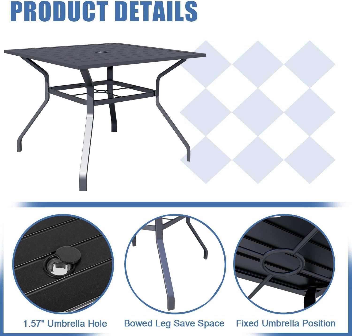 SOLAURA 37-Inch Outdoor Dining Table with Metal Frame - 4-Person Patio Table with Umbrella Hole, Weather-Resistant Black Slat Top for Indoor & Outdoor Use - Perfect for Backyard, Garden, Poolside & Balcony Dining