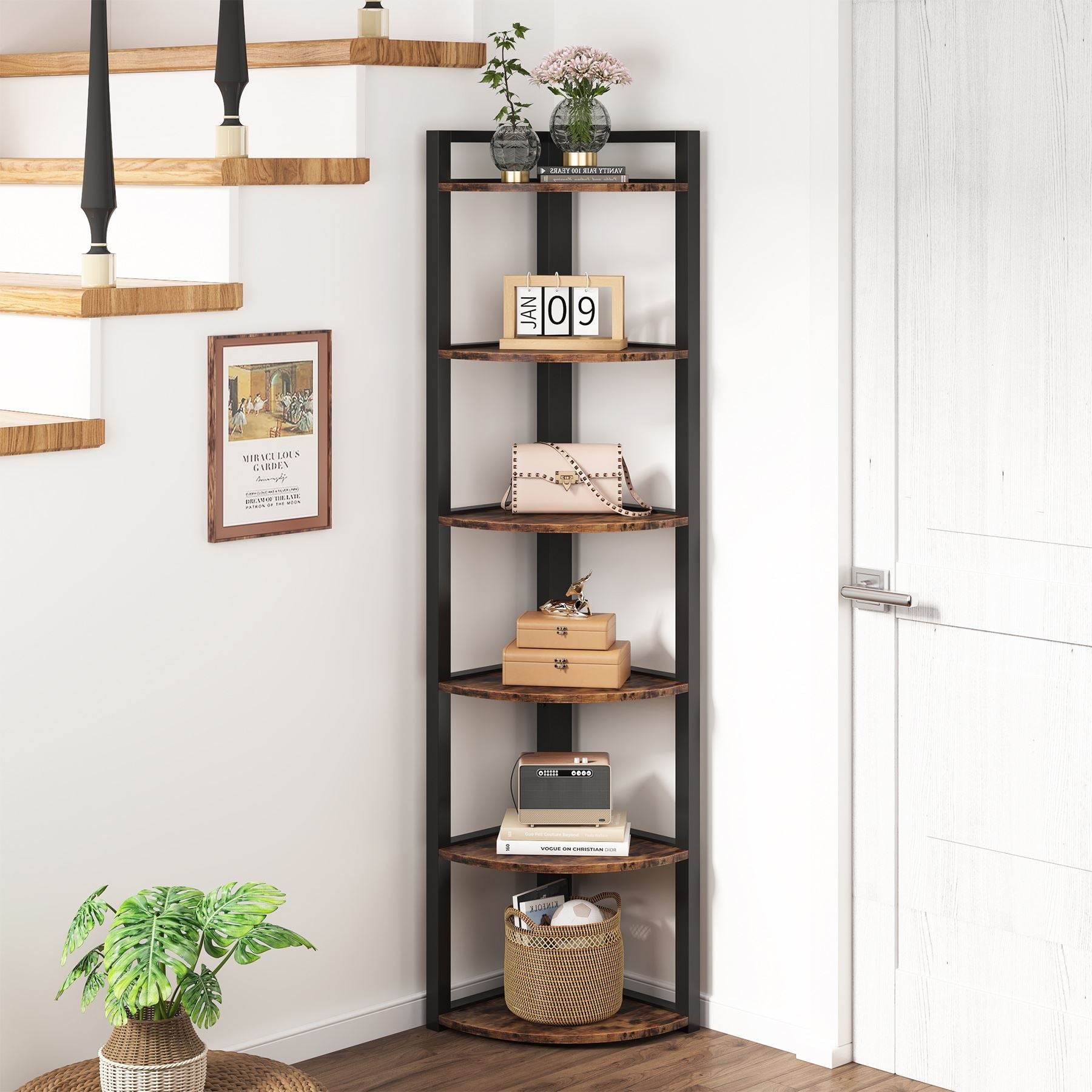 6 Tier Corner Shelf - Small Corner Bookshelf Storage Rack for Bedroom, Bathroom & Office - Space Saving Organizer for Books, Plants & Decor